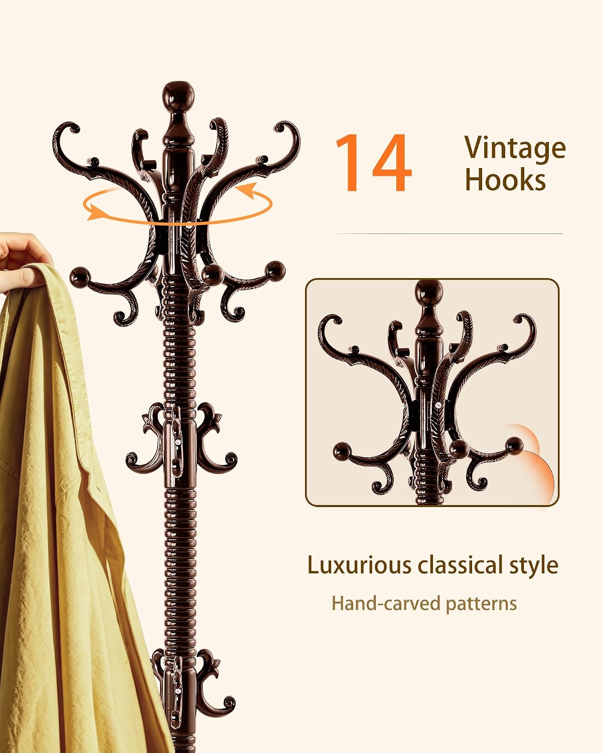 Wooden Coat Rack, Vintage Solid Wood Coat Rack Stand with 14 Hooks | Classic Wood Coat Racks, Clothes Tree Stand, Heavy Duty Standing Coat Jacket Hanger Stand for Corner, Office, Entryway