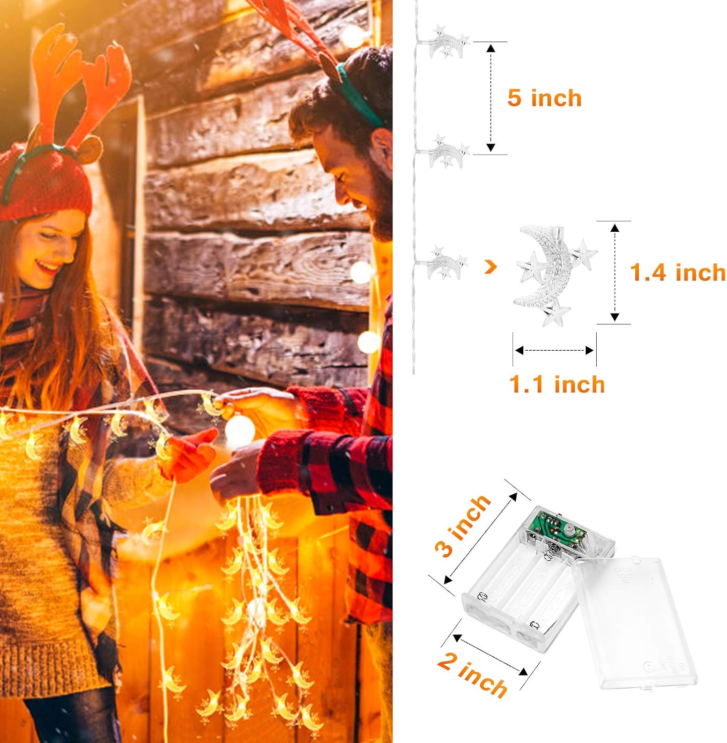 AceList 20ft 40LED Moon & Star Fairy Lights - Warm White String Lights, Battery & USB Powered, 2 Modes, for Kids' Rooms, Gardens, Camping, Balcony, Holidays, Parties, Weddings, Gifts, Home Decor