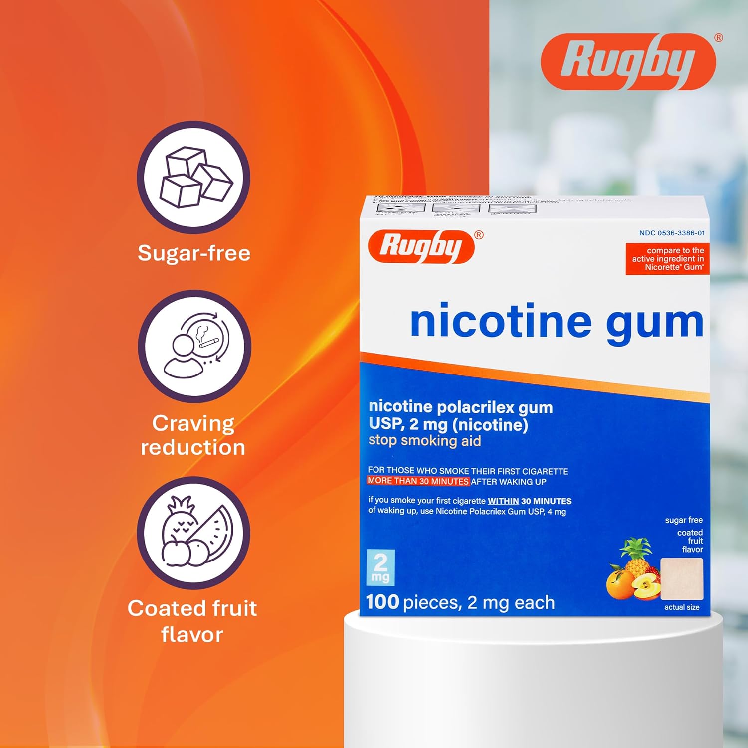 Rugby Polacrilex 2mg Nicotine Gum - Fruit Flavor, Curb Your Cravings, Sugar-Free, 100 Count (2-Pack)