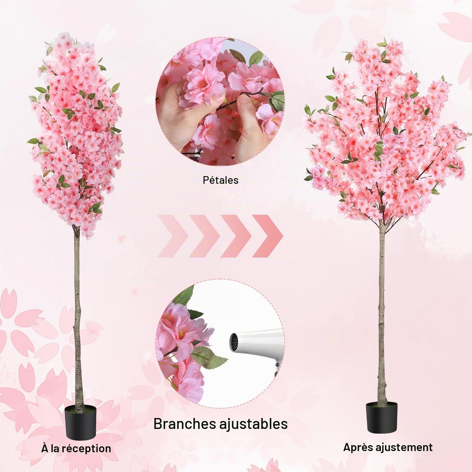 Cerisier Japonais Artificiel Exterieur/Interieur 180cm - Arbre Artificiel Fleuri Haut de Gamme avec Pot en Ciment, Fleurs Artificielles Déco Realistes pour Jardin, Balcon, Salon, Bureau Rose