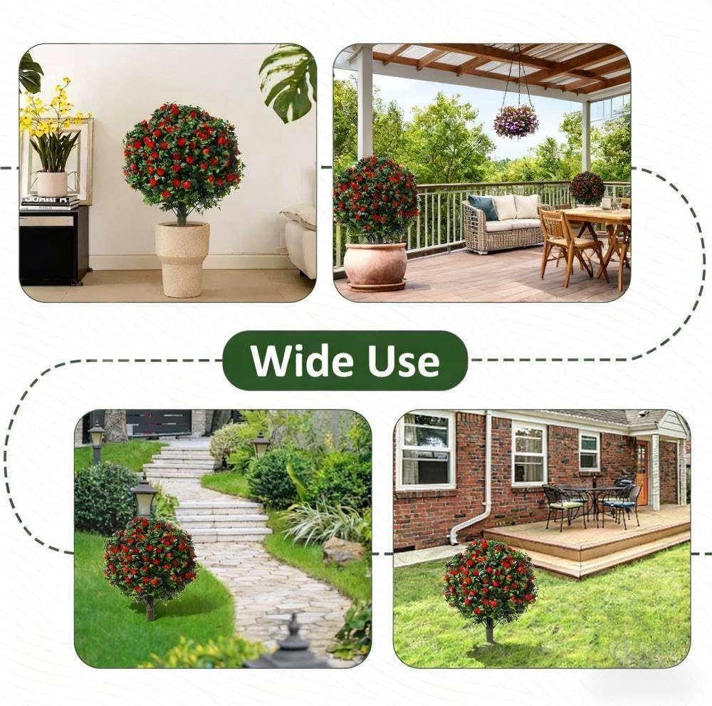 Set of 2 24" Artificial Boxwood Topiary Ball Trees with Red Rose & Ground Spike UV Resistant Fake Evergreen Faux Plant for Front Porch,Garden and Yard (Green & Red) - Image 4