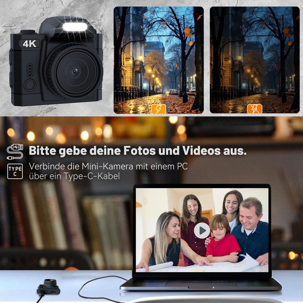 4K Mini Digitalkamera 16MP HD 1,5-Zoll-IPS-Farbbildschirm CMOS-Sensor 32GB Speicherkarte