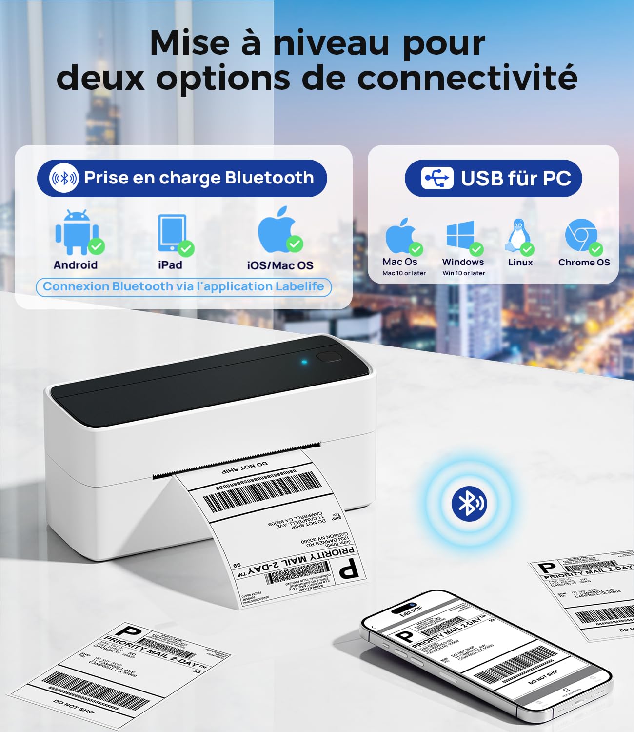 Phomemo PM241BT Imprimante d'étiquettes Bluetooth Thermique 4x6 pour Expédition Code à Barres