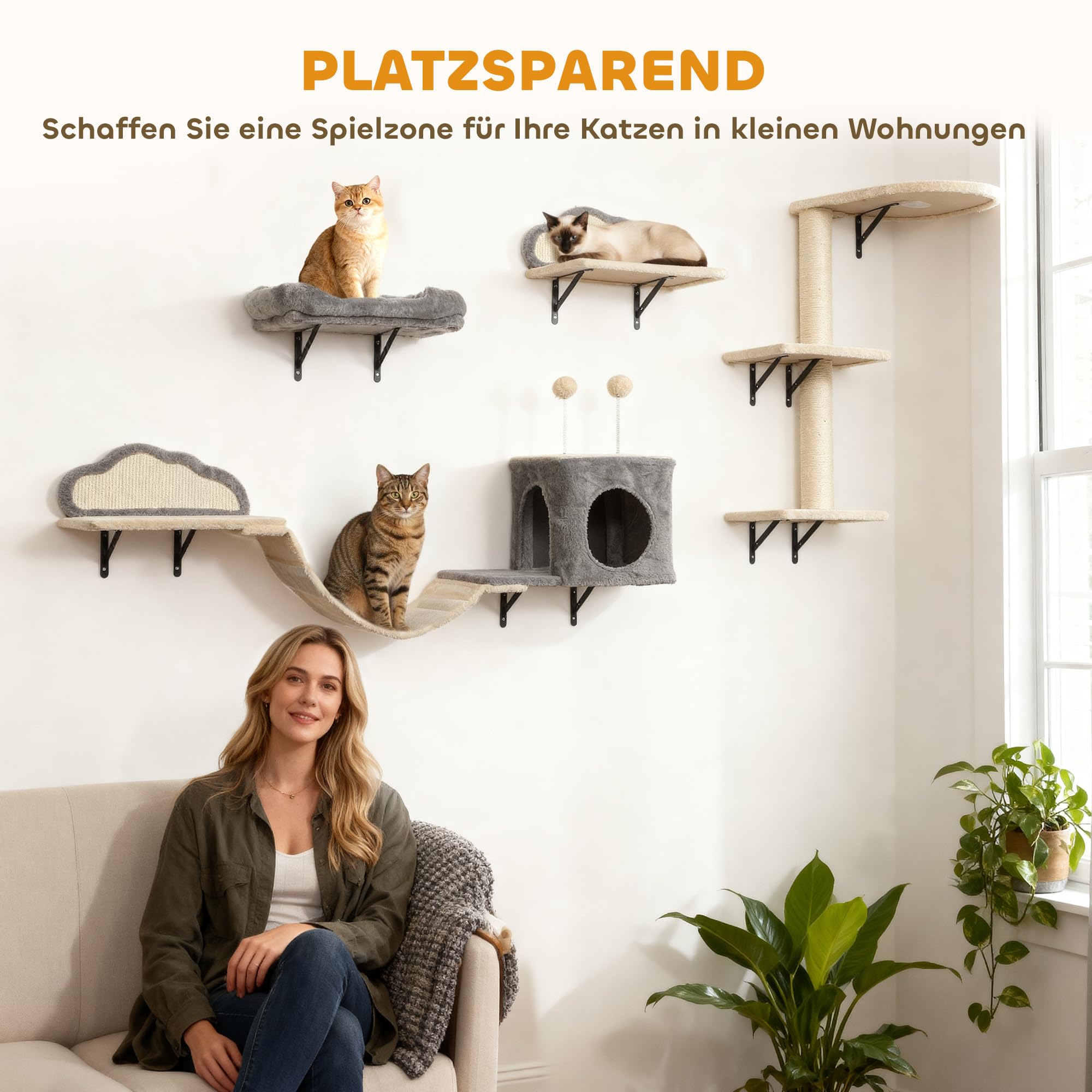 PawHut Katzen Kletterwand Set Kratzbrett 4-teilig bis zu 5 kg Beige | Bett, Kratzbaum mit Höhle, Weicher Leiter, Katzenmöbel