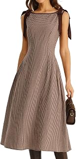 RIHOAS Women's Plaid Gingham Dress Casual Summer Midi Dresses for Women | Cute,Boat Neck,Non-adjustable Bow,A line,Vintag...