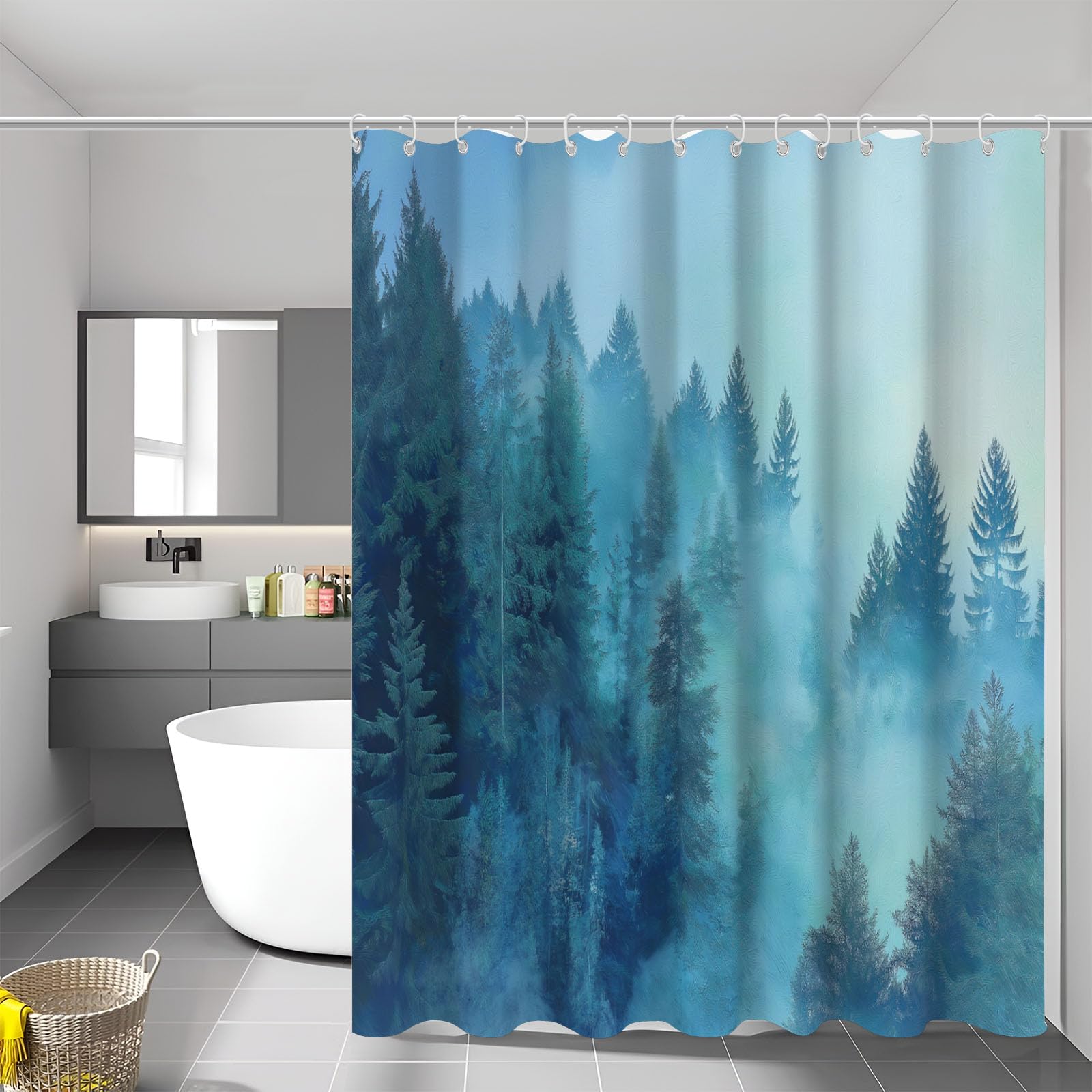 Rideaux de douche forêt pour instaurer une ambiance brume paysage relaxante dans votre bain
