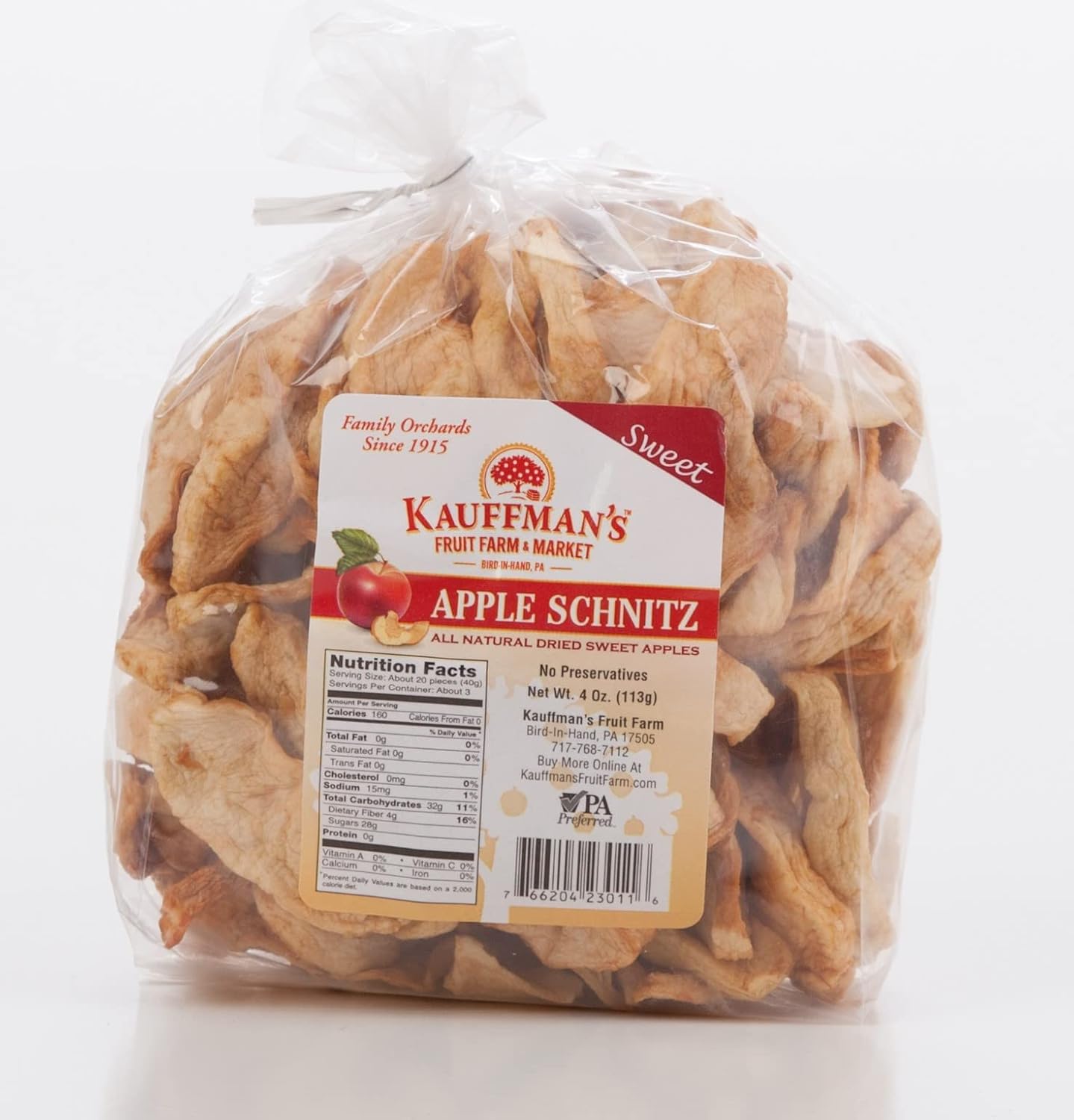 Kauffman Orchards Homemade Sweet Apple Schnitz, Apples Chips, Dehydrated Apple Slices, Chewy, Nutritious, and Delicious, 4 Oz.