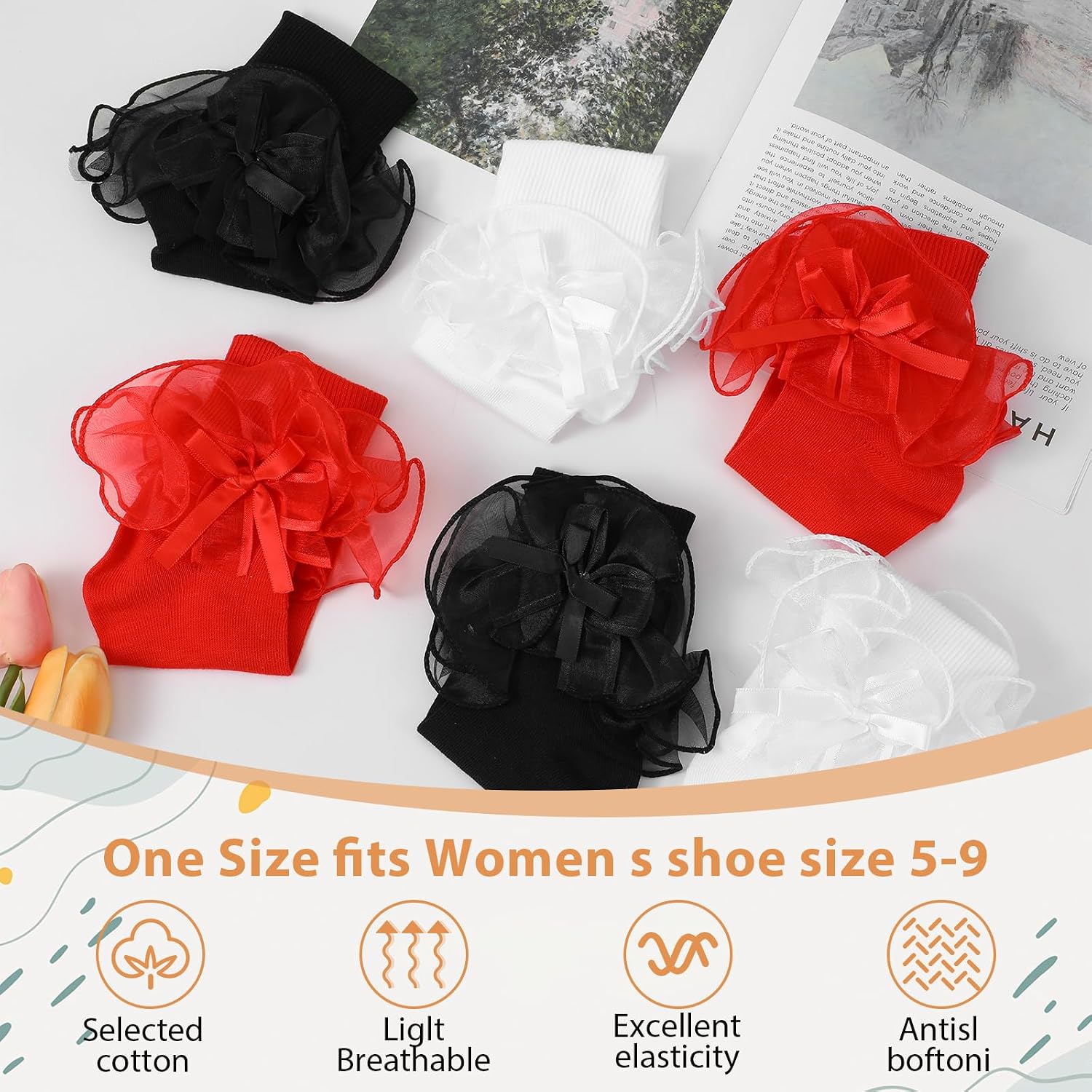 Big Ruffle Socks for Women 3 Pairs, Double Lace Frilly with Bows, Fold Cuff Cotton Ruffled Dress Crew Bobby Bride Socks in White Black Red
