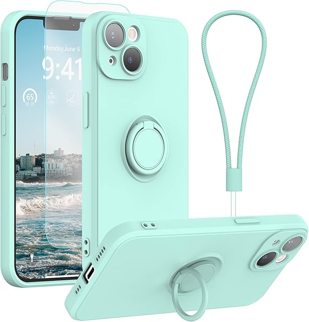 pcgaga Silicone Phone Case for iPhone 14 with Screen Protector [Ring Holder Stand] [Wrist Strap] [Microfiber Lining] Slim Shockproof Protective Cover, 6.1 Inch, Mint Green