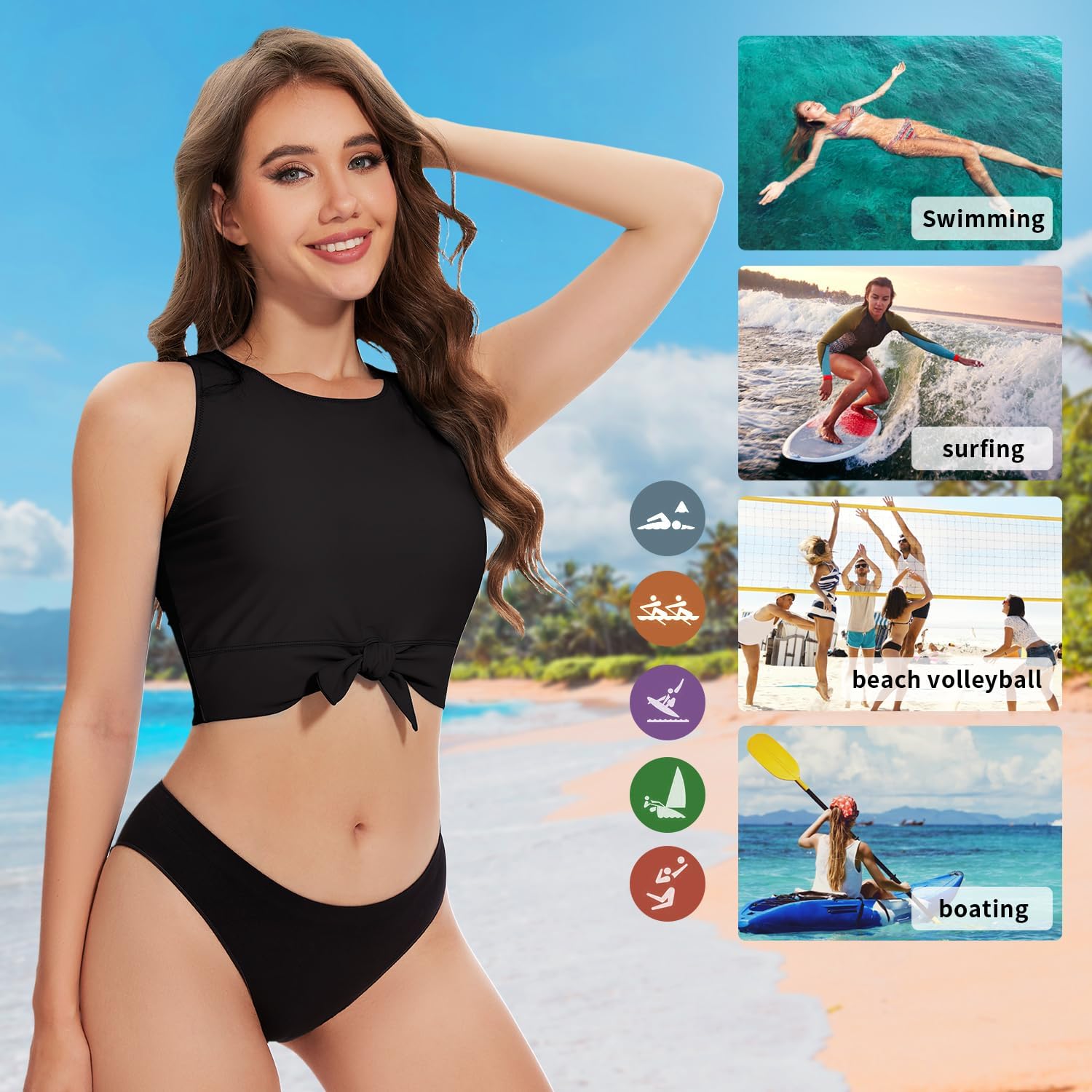 WOWENY Front Knot Bikini Crop Tops for Women Swim Tank Tops Padded High Neck Tankini Top Bathing Suit Swimsuit Top Only (Black, S), Small - Image 5