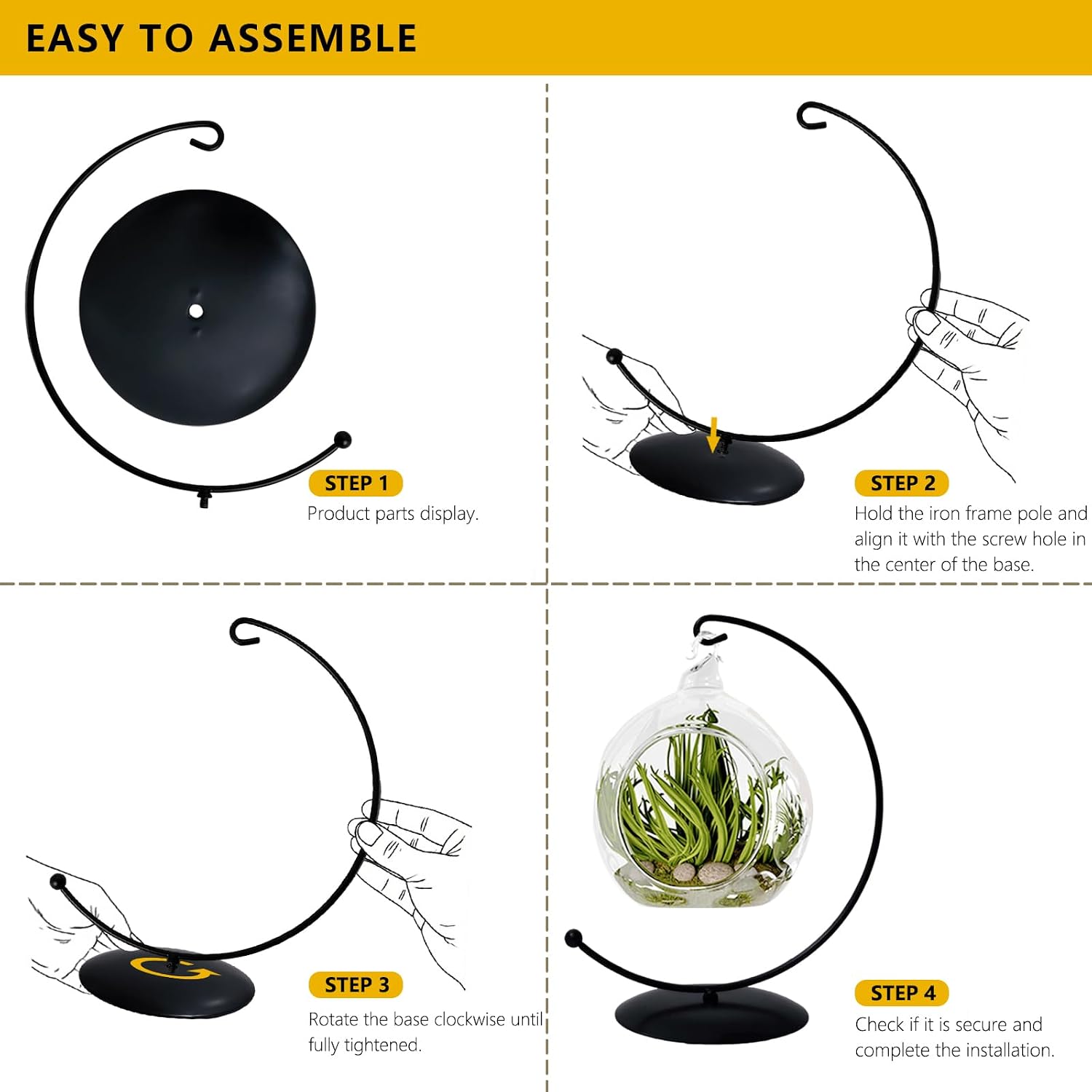 YY YEARCHY Large Ornament Display Stand for Hanging Glass Globe Ball Air Plant Flower Holder Metal Round Decorative (1, Black, 10.2"x5")