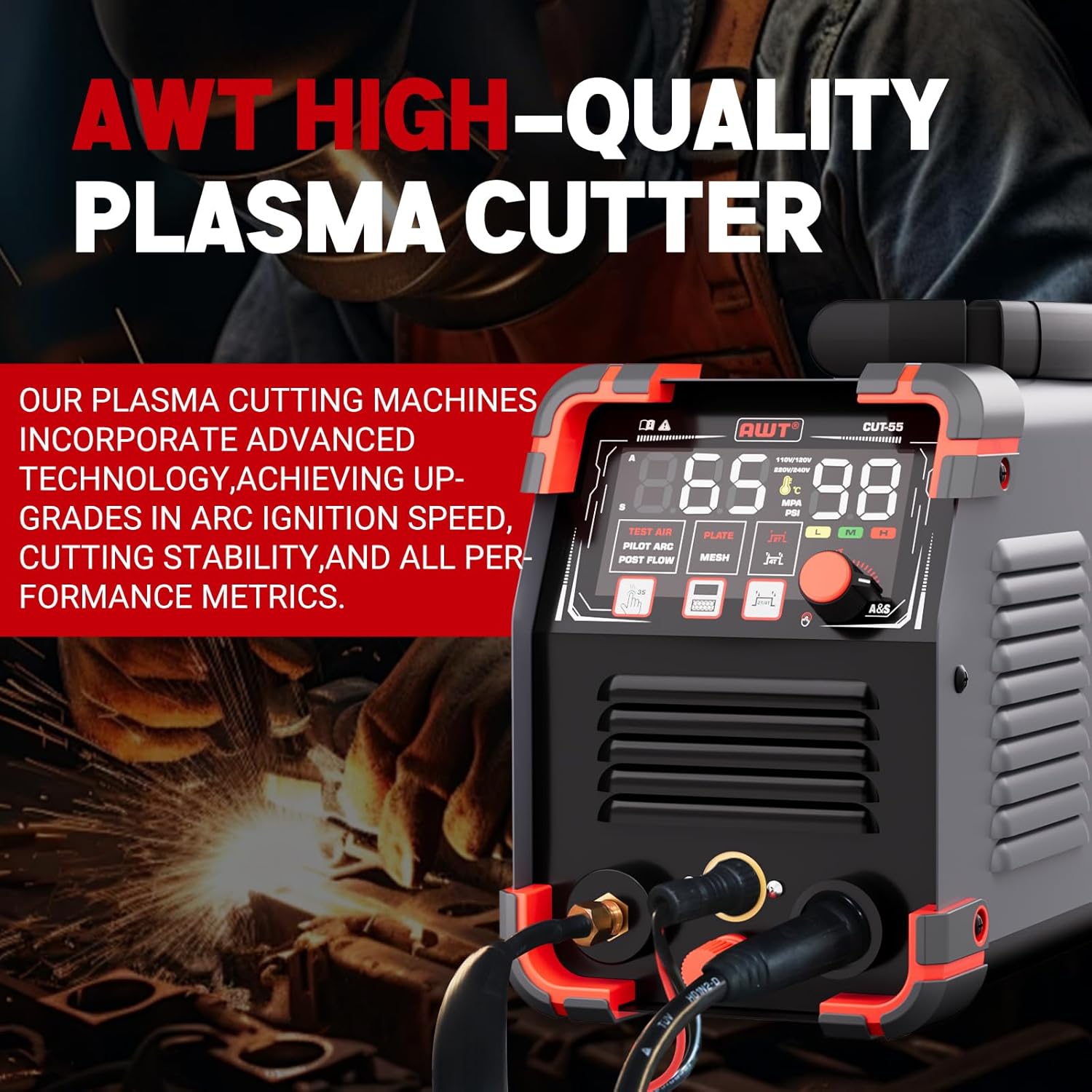 AWT Plasma Cutter,Large LED Display Cutter Machine 65Amps with Non-Touch Pilot Arc,110/220V Dual VoltagePlasma Cutting Machine,IGBT Inverter Air Sensor Technology&2T/4T,Max Cut 1"Plate/Mesh Cutting