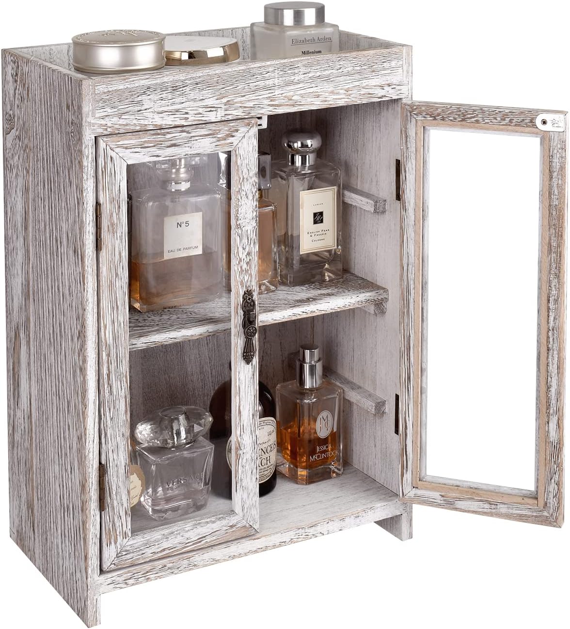 Ikee Design Wooden Countertop Storage Cabinet. Customizable Organizer with Adjustable Shelves, Glass Window Door and Removable Metal Hook. Perfect for Kitchen, Vanity, or Bathroom. Antique White