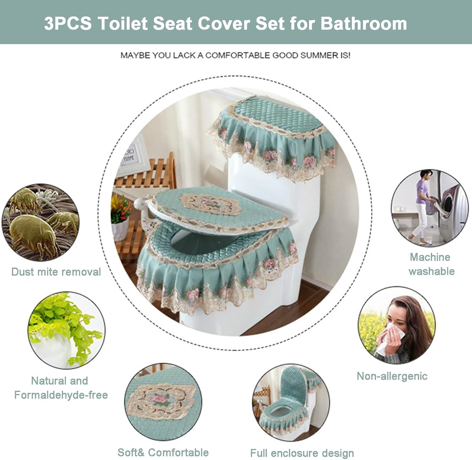 3PCS Lace Toilet Seat Lid Tank Top Cover Pads for Bathroom，Soft Italian Fleece Toilet Cover Cushion with Zipper，Double-sided Cotton Bathroom Decoration Accessories Set Washable(Purple)