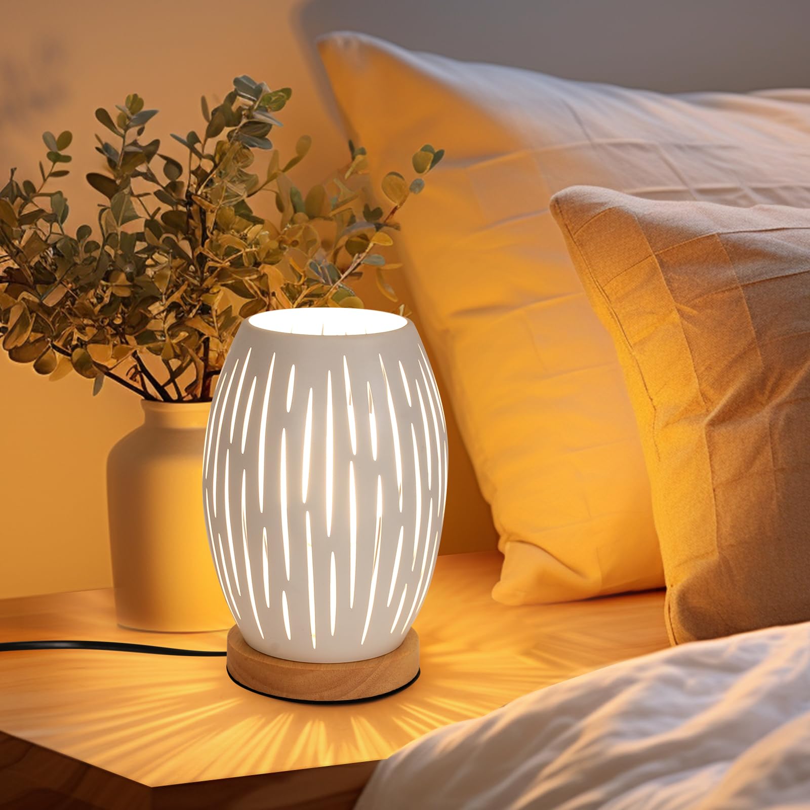 Riserva Lámparas de Mesita de Noche Modernas, E27 Lámpara de Mesa Industrial Blanco, Lámpara de Mesita Metal, Chasis de Madera, para Dormitorio, Sala de Estar, Estudio, Comedor, Cafetería