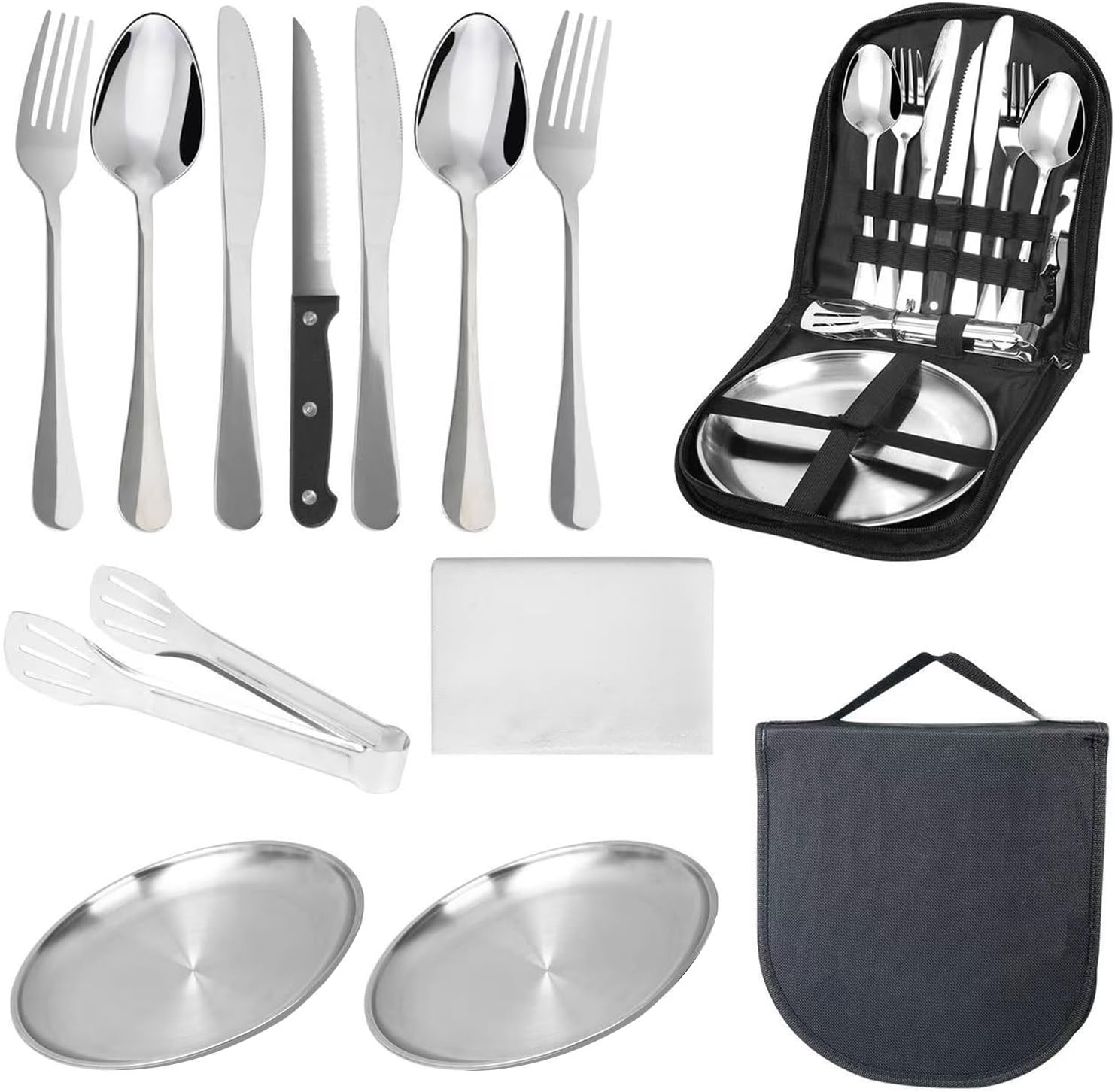 14 Pcs camping plate set,camping plates and bowls set for 2,stainless camping cutlery,Including portable cutlery bag- Ideal for road trips, picnics, and camping adventures,reusable
