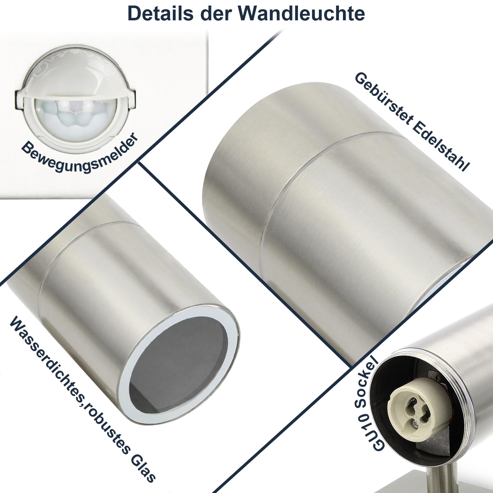 HiBay 2 Stück LED Außenleuchte mit Bewegungsmelder Wandleuchte Edelstahl Aussenlampe GU10 IP44 Wandlampe PIR Sensor inkl. LED Lampe 5W 450LM 3000K Warmweiß | Wandleuchte Edelstahl Aussenlampe inkl. LED Lampe Warmweiß 3000K Wandlampe Sensor für Terrasse Ei