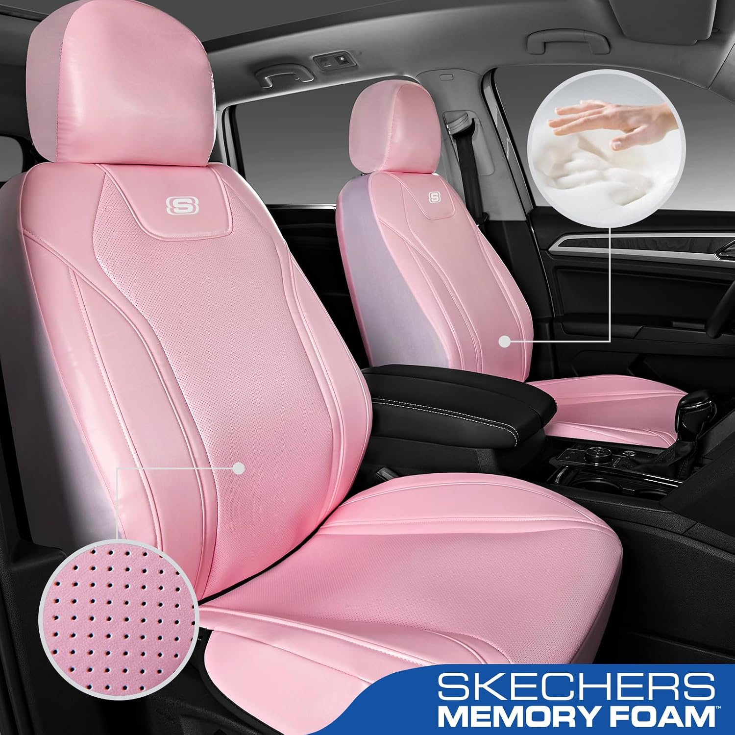 Skechers Seat Covers Memory Foam-Luxury Leather Car Seat Covers, Breathable Comfort & Support Front Seat Cover Airbag Compatible, Automotive Universal Fit Most for SUVs, Vans, Cars, Trucks,Pink image 2