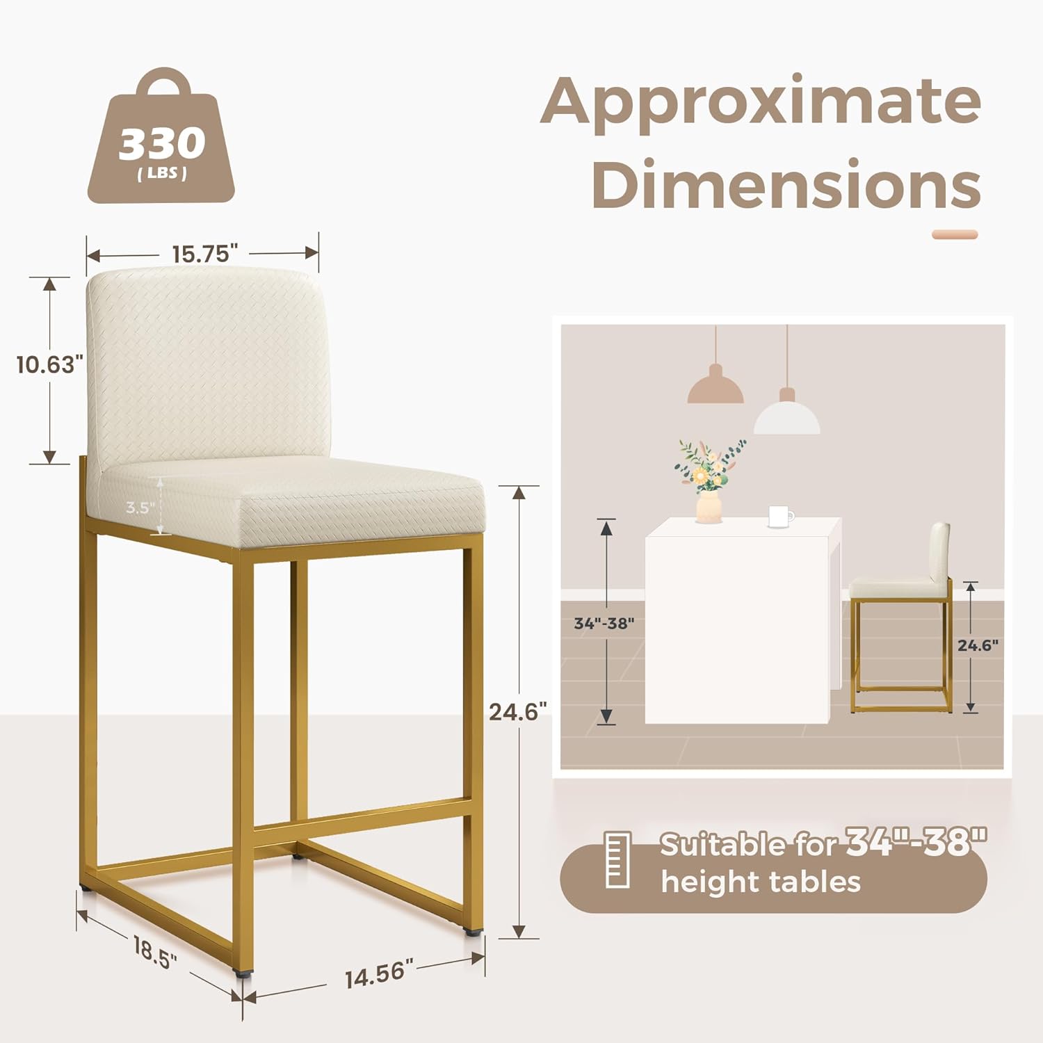 MAISON ARTS Off White & Gold Bar Stools Set of 4, Counter Height 24 Inch Barstools with Back, Modern Faux Leather Upholstered Bar Chairs for Kitchen Island & Home Bar, Metal Frame, Supports 330 lbs