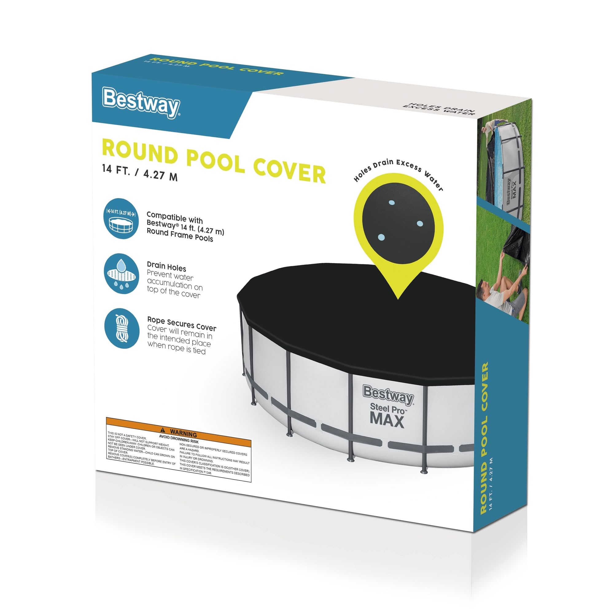 Bestway Flowclear PVC-Poolabdeckung rund 4,6 m für oberirdische Rahmenpools mit Abflusslöchern und sicheren Spannseilen, Schwarz (nur Abdeckung)