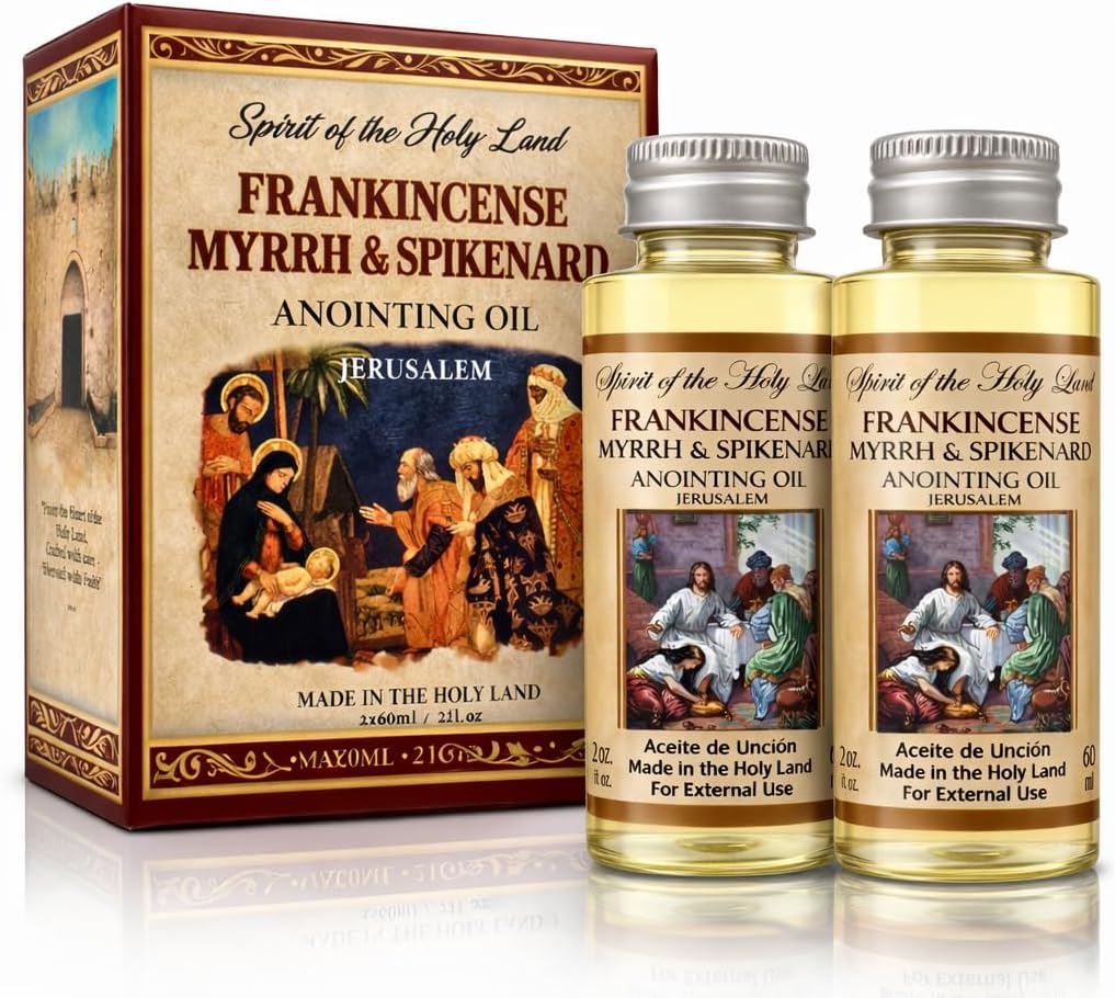 Frankincense Myrrh & Spikenard Anointing Oil Blend from Jerusalem 2 x 60 ml | Holy Land Blessing Gift Set, Includes Prayer Card