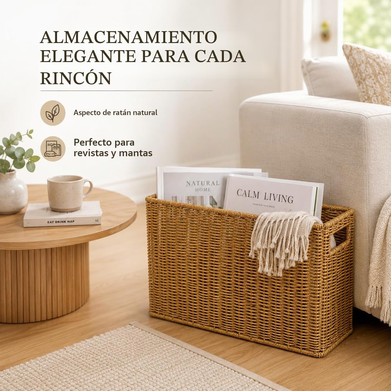 Healeved Cesta de almacenamiento tejida estilo ratán organizador de escritorio con asas huecas, cesta de almacenamiento de revistas, cesta para cosméticos, aperitivos y objetos pequeños, 14.96 x 10.24