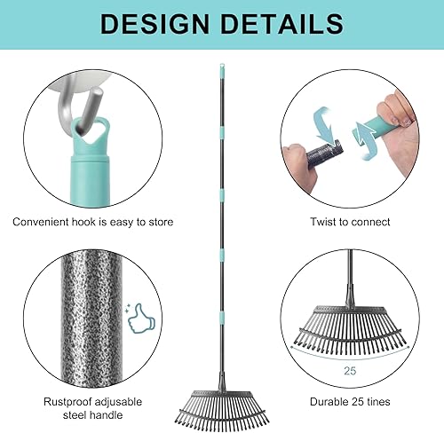 Miniatura 6 de KeFanta Rastrillo de hojas de jardín, rastrillo de hojas resistente de 18.5 pulgadas de ancho con 25 dientes de metal, rastrillos de hojas con mango