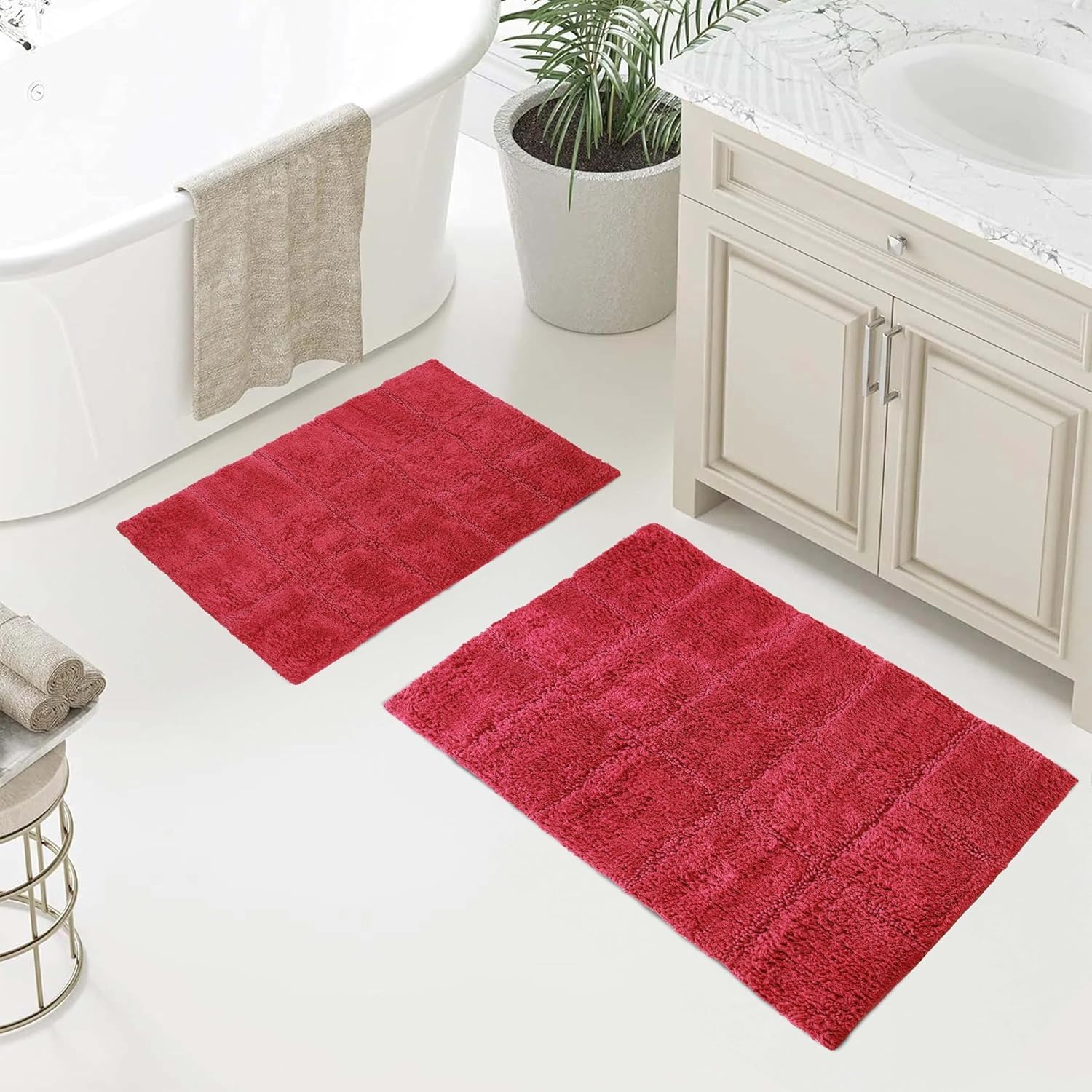 Toast Checkered Cotton 2-Piece Non-Slip Bath Rug Set