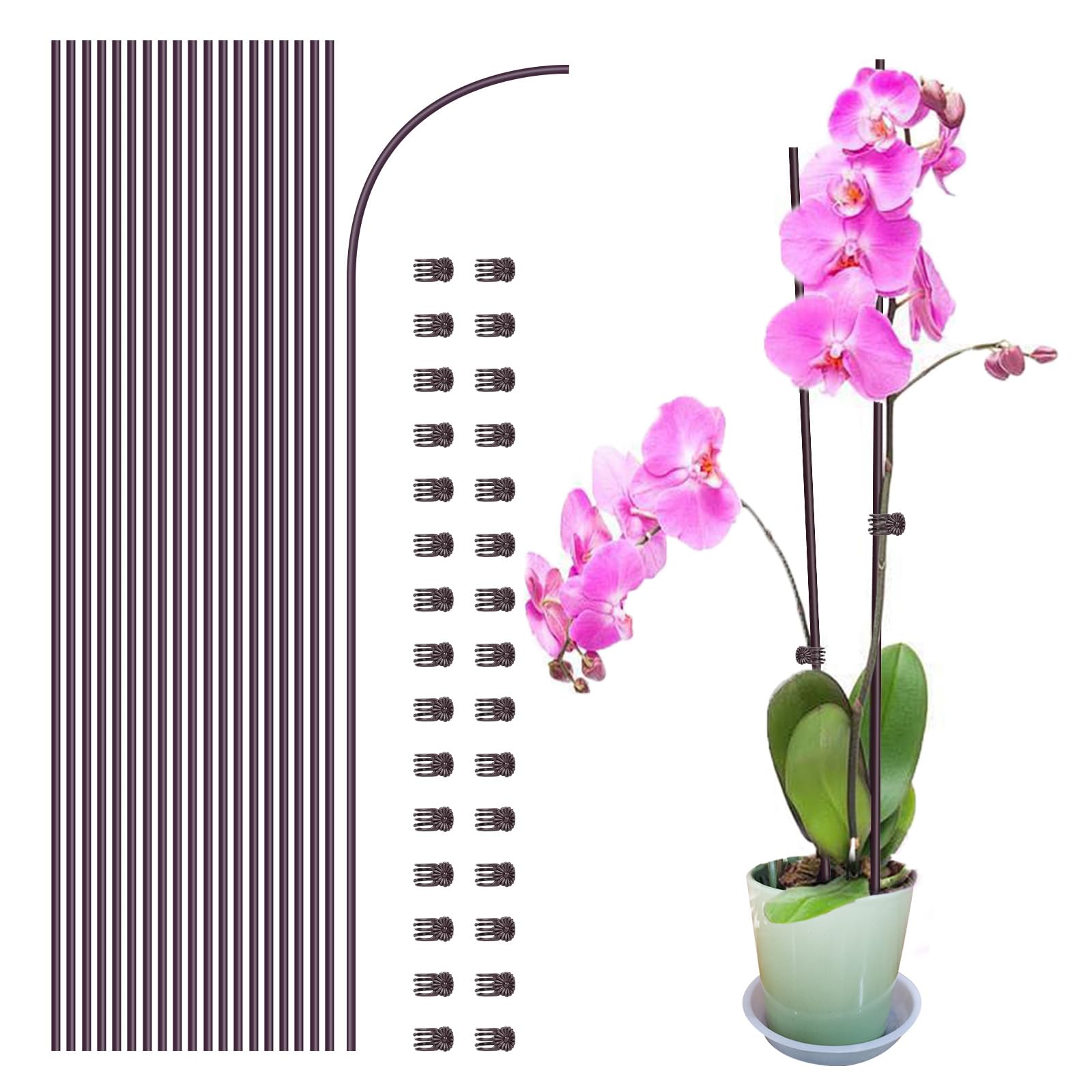 20Pcs Plant Support Stakes with 30 Pcs Plant Clips, Plant Sticks for Indoor and Outdoor Plants, Orchid Clips and Stakes,16inch Tall Bendable Single Stem Flower Stakes Bendable (Brown, 45cm) — image 1