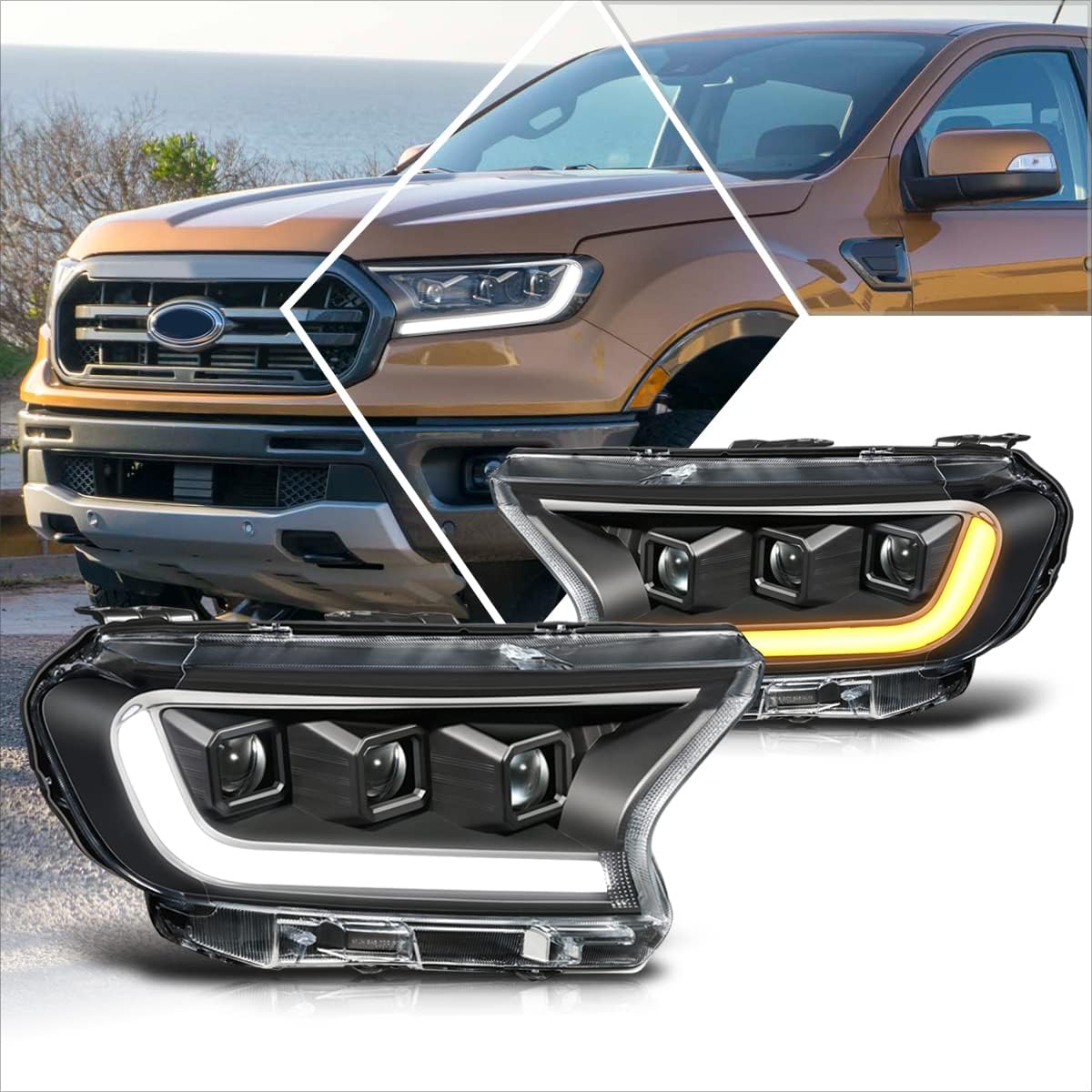 LED Switchback Signal Projector Headlights Assembly Compatible with 19-23 Ford Ranger XL XLT,Black Housing/Clear Lens
