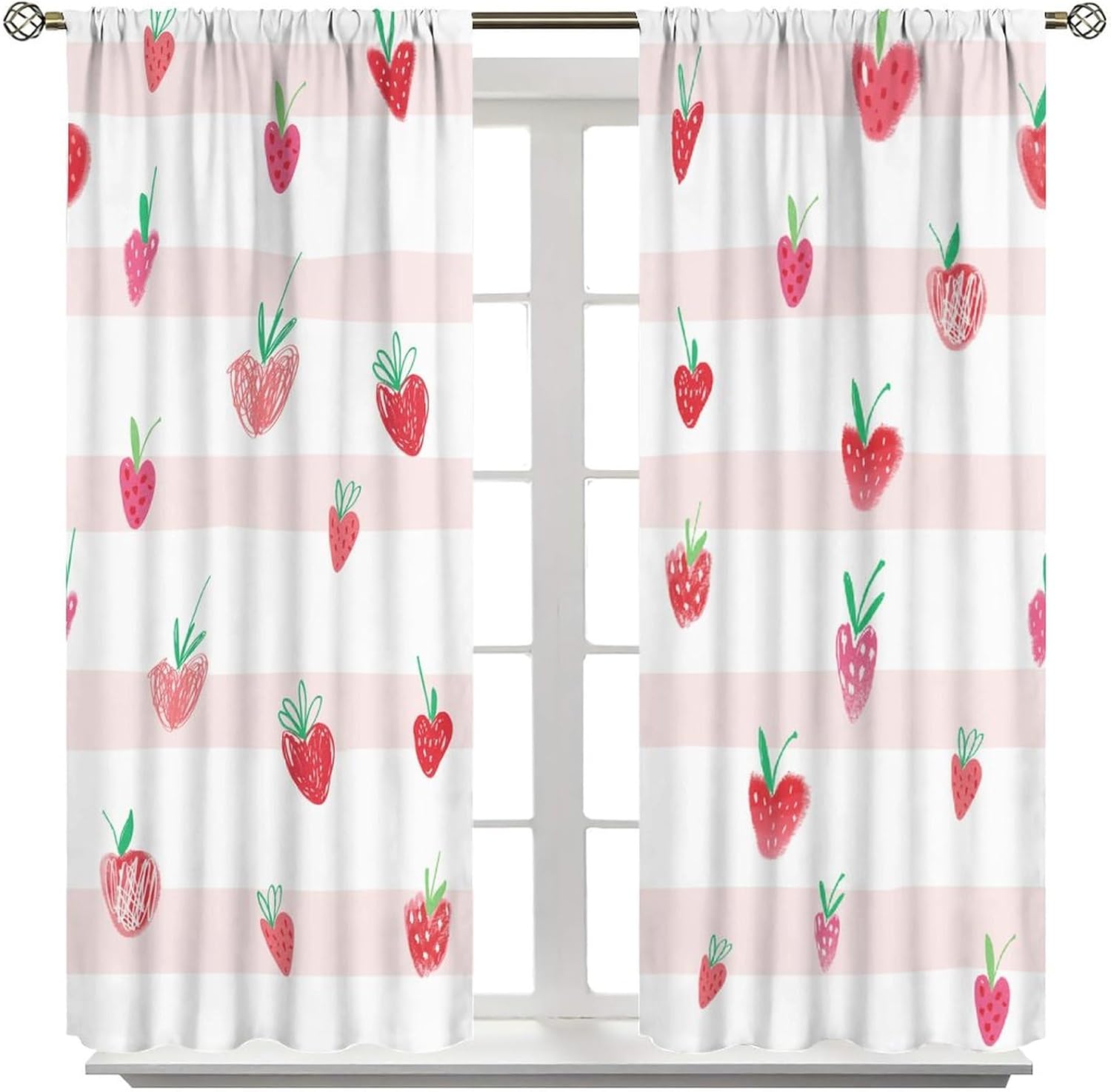 Boho Strawberries Curtains Cute Pink Bohemia Fruit Rod Pocket Blackout Window Treatment for Kitchen Living Room Girls Woman Room Decor Art Printed Window Drapes 42x45in