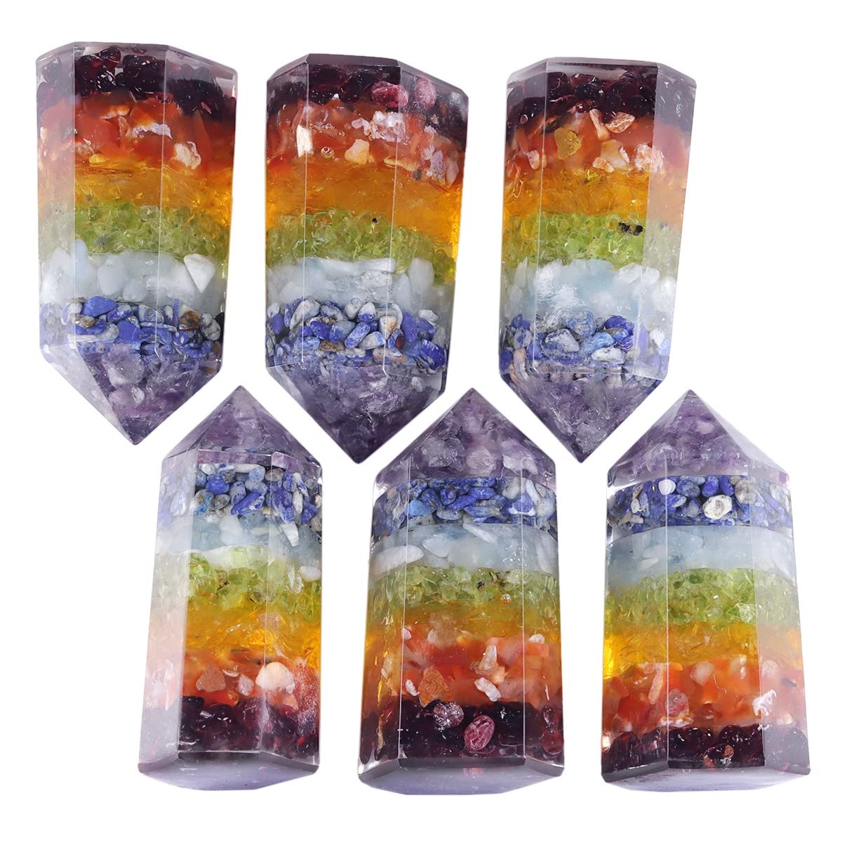 mookaitedecor Lote de 2 varillas de piedra de cristal puntiagudas Reiki, columna de piedras enrolladas pulidas de 6 caras para meditación y decoración, 7 chakras