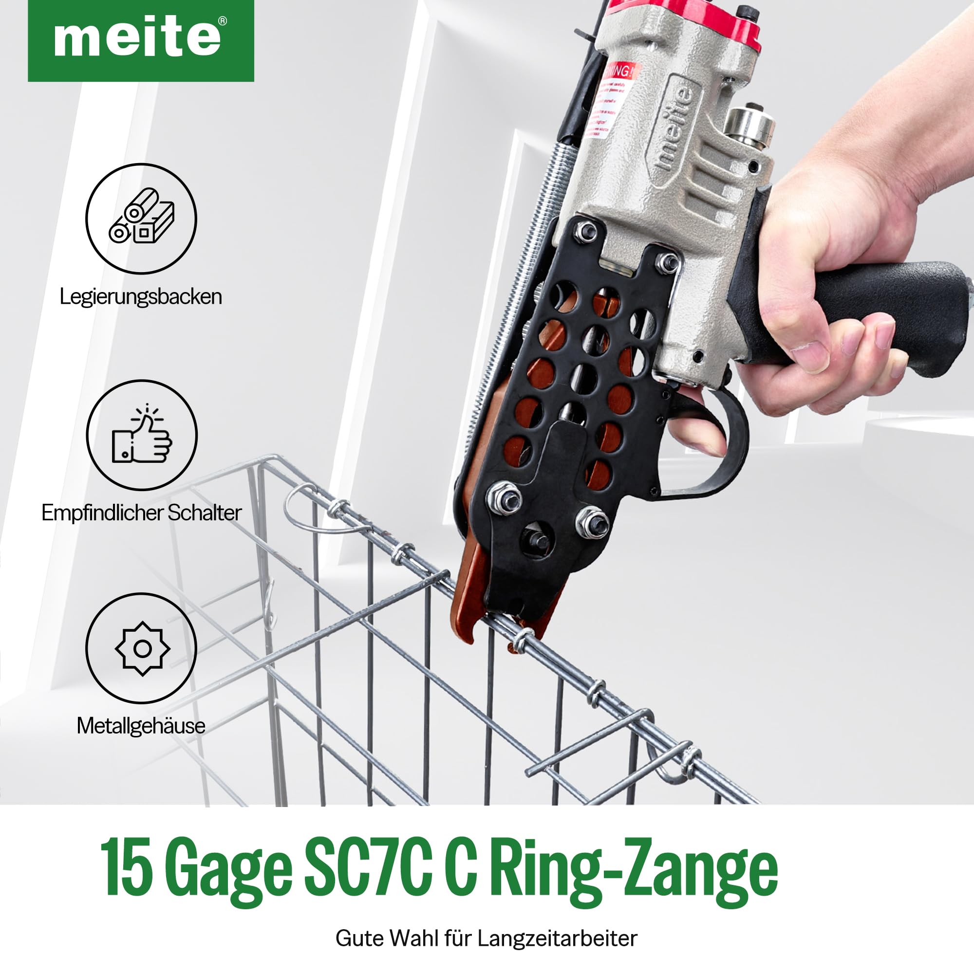 meite SC7C Druckluft Hog Ring Zange, 15 Gauge C Ring Klammerzange für 19 mm Innenkrone, 5,5–6,0 mm Schließdurchmesser, pneumatischer C-Ring-Tacker für Matratzen, Sitzmontage, Drahtkäfige und Zäune | 5,5–6,0 mm Verschluss-Schweineringe für Matratzenmontage