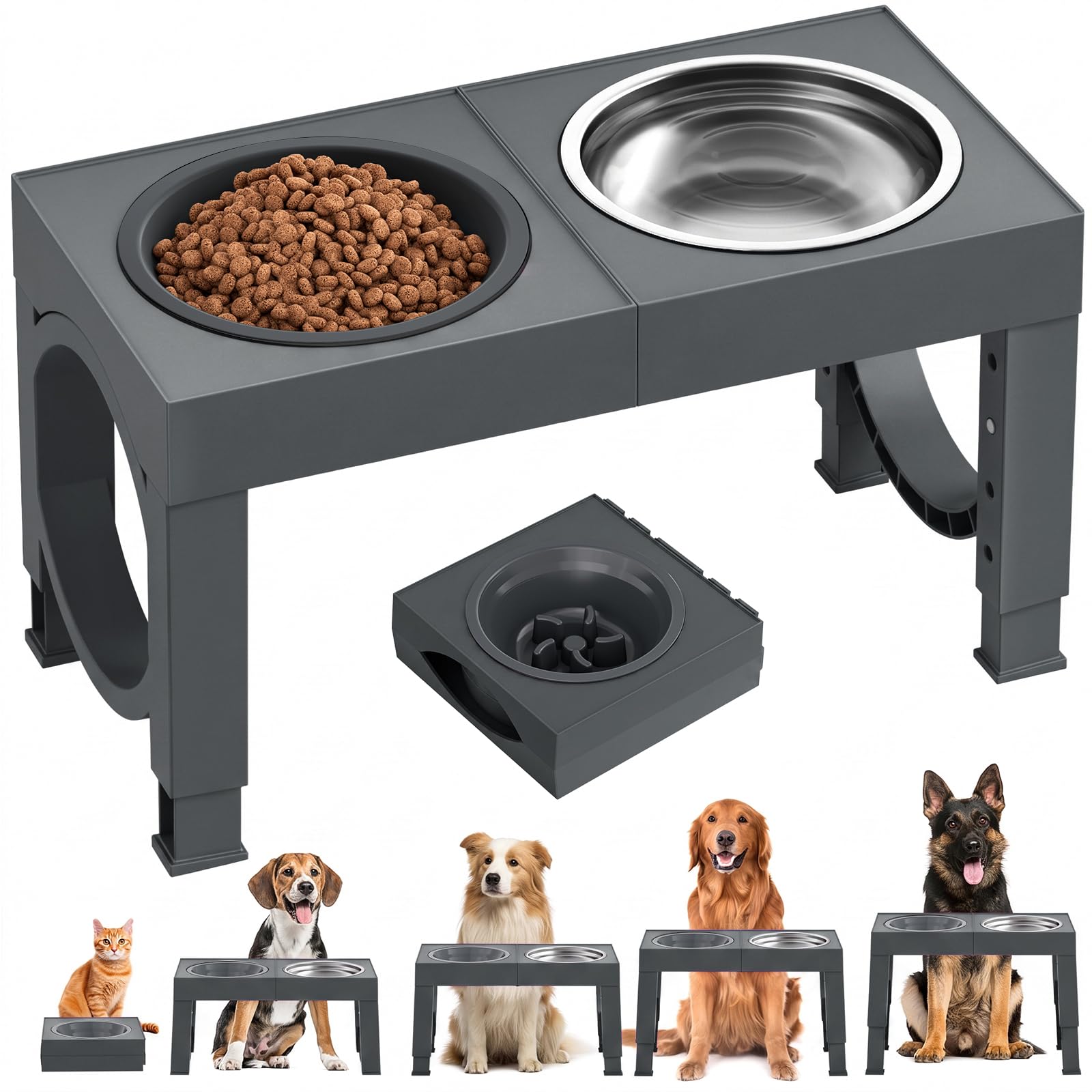 XIAZ Elevated Dog Bowls Large Breed Raised Dogs Bowl Stand Large/Medium Sized Dog Slow Feeder Dogs Bowls Food Water Stands 5 Heights Adjustable 9/11/12/14in Pet Feeder Dish Station