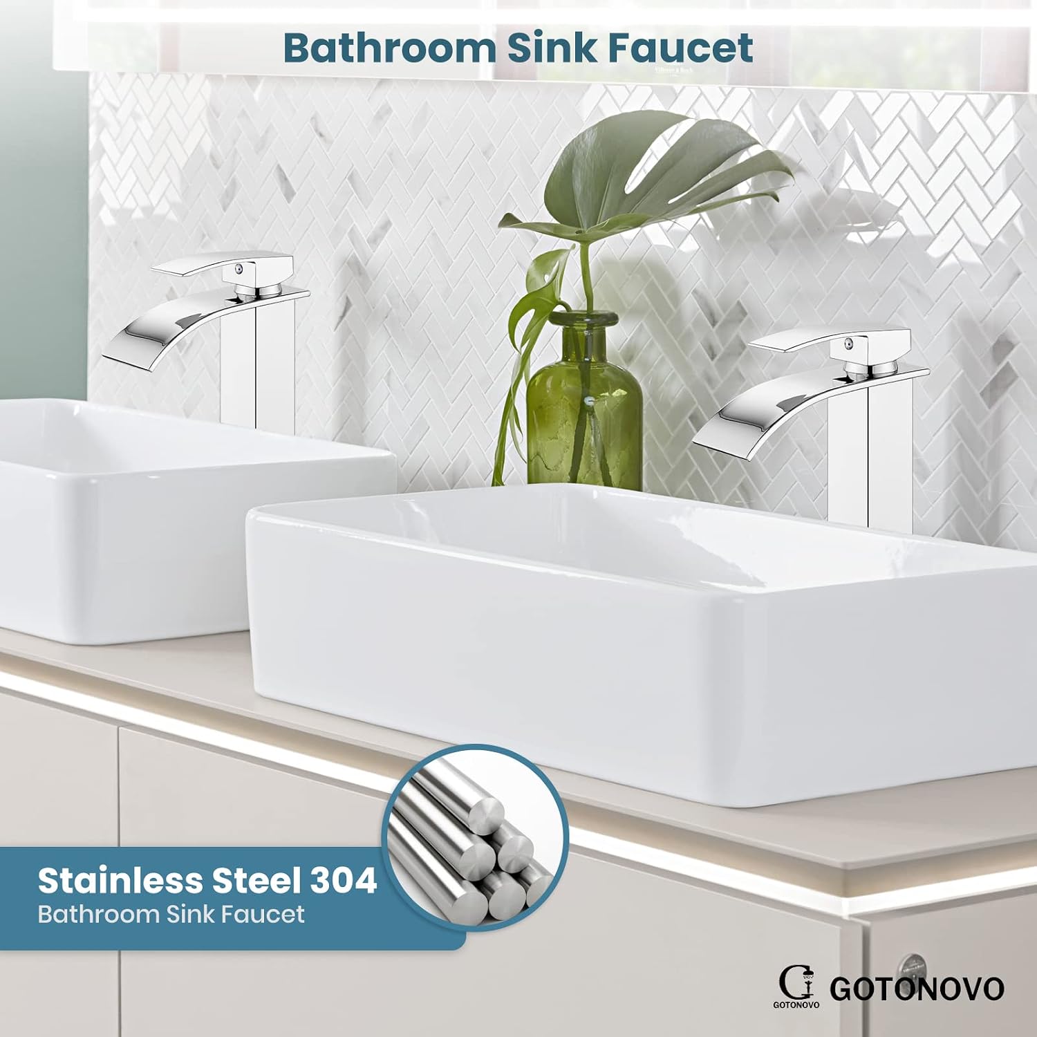 gotonovo Waterfall Tall Bathroom Faucet 1 Hole Single Handle Stainless Steel Vessel Sink Faucet with cUPC Hoses Modern Lavatory Mixer Tap, Polish Chrome