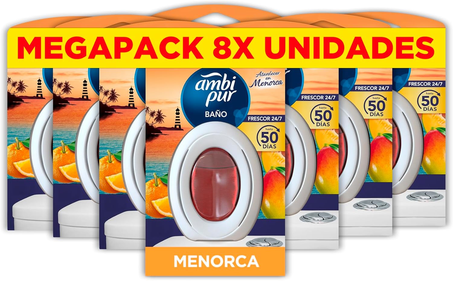 Ambipur Ambientador Para Baño, Elimina y Previede De Malos Olores En El Cuarto De Baño, Fragancia Atardecer en Menorca, Pack de 8 Unidades