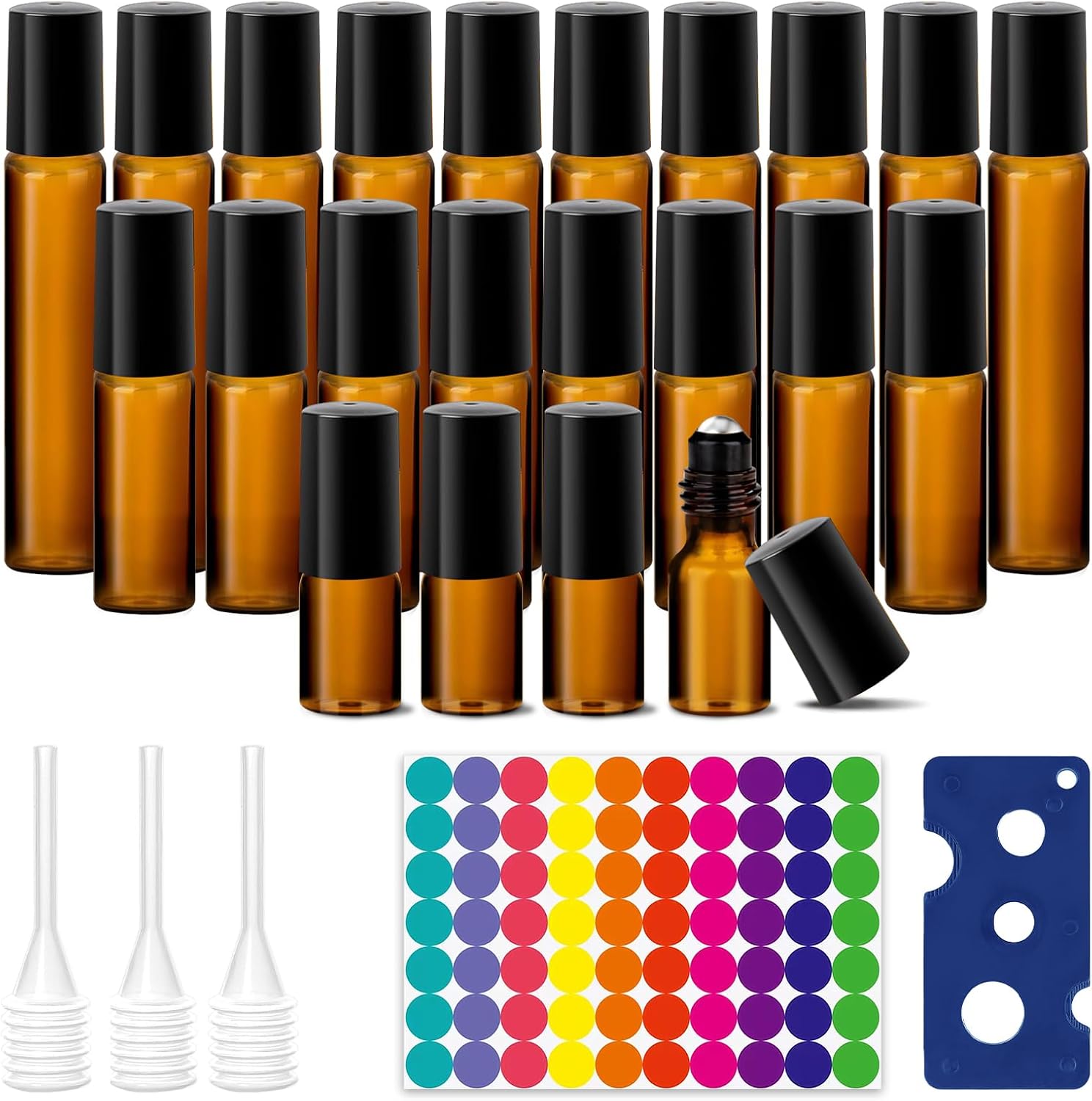 Roll szklane butelki mini puste: 22 sztuki szklanych butelek z olejkami eterycznymi, 3/5/10 ml, brązowa butelka, pusta, wielokrotnego użytku, odporna na promieniowanie UV, w zestawie z
