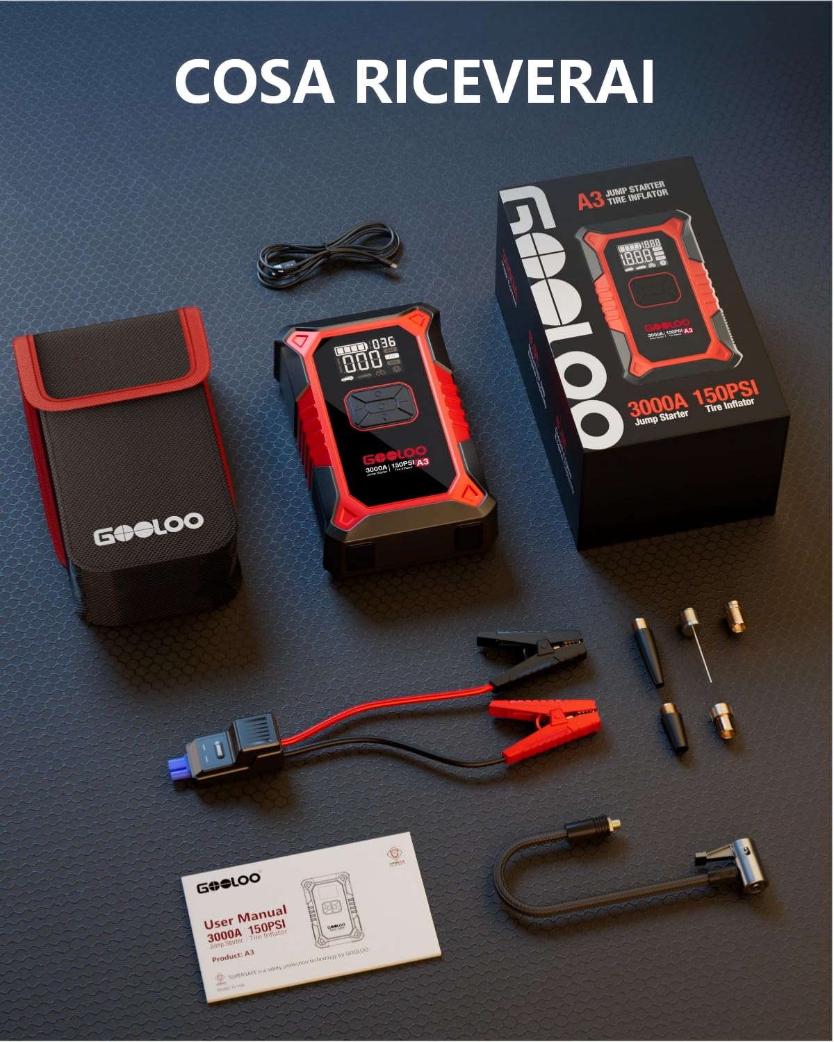 GOOLOO 3000A Avviatore Batteria Auto con Compressore, 150PSI Avviatore Emergenza per Auto con Torcia, Ricarica USB, avviatore batteria per auto (fino a 9.0L Gas/6.5L Diesel)