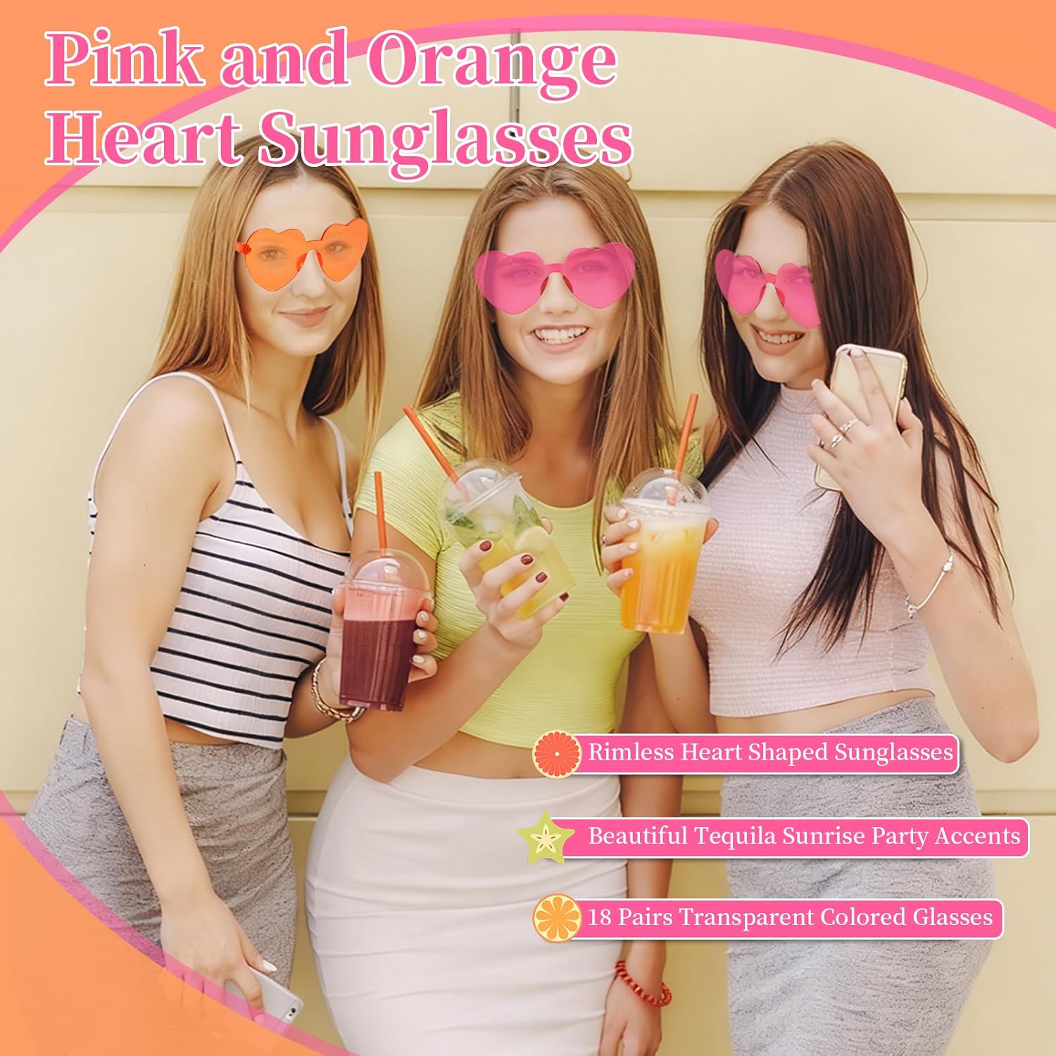 18 Pairs Pink and Orange Heart Sunglasses for Women Plastic Rimless Heart Shaped Glasses Bachelorette Party Sunglasses for Wedding, Bridal Shower, Valentine's, Sunset Party, Birthday - Image 6