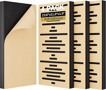 TONOR 4-Pack Acoustic Wood Wall Panels, 23.6 * 11.8 * 1.9 3D Self-adhesive Wall Panel, Three-layer Soundproof Tiles for Echo Absorbtion, Acoustical Barrier of Polyester Fiber, wood, Burly Wood