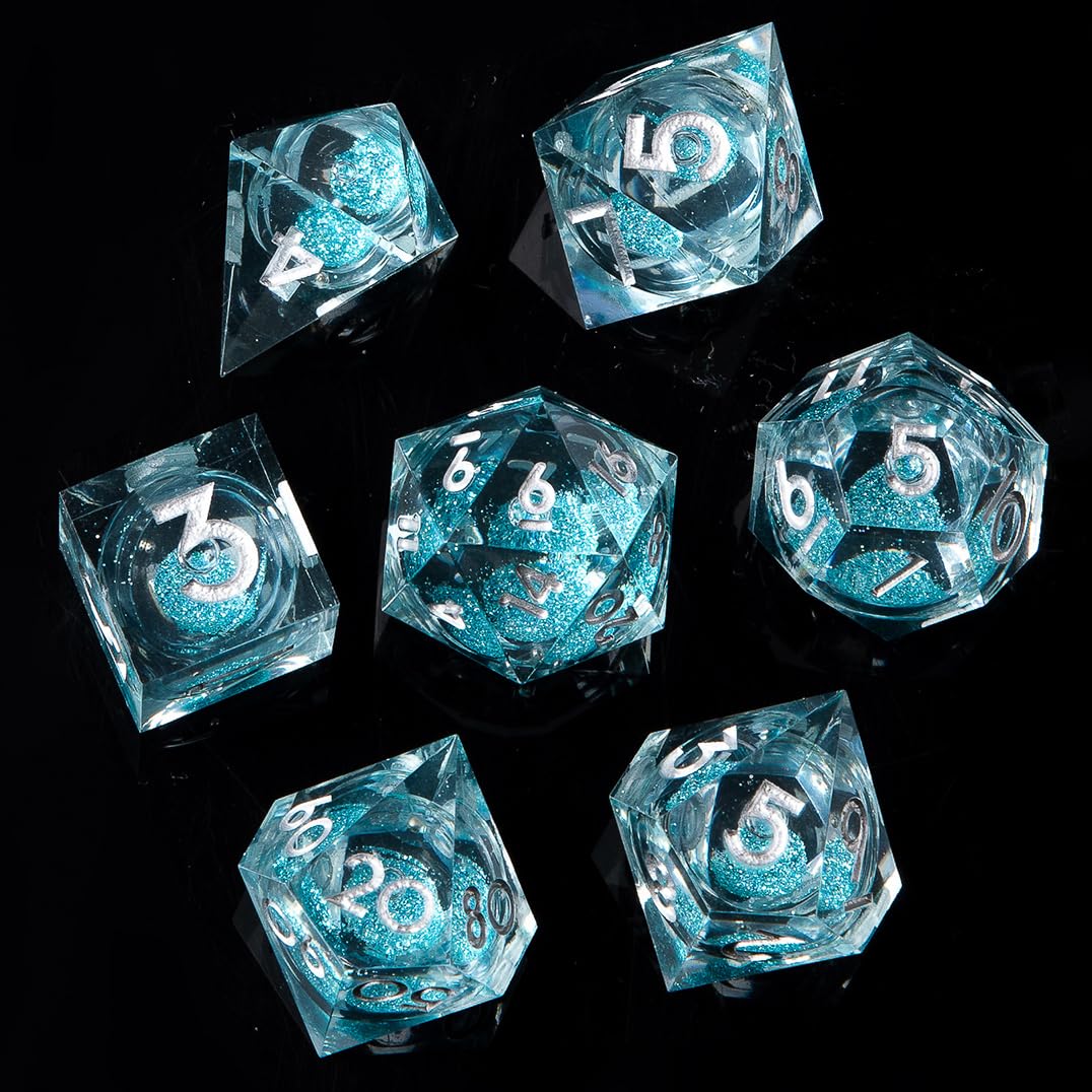 Set di dadi liquidi fatti a mano, con nucleo liquido, palla di sabbia mobile, 7 accessori per giochi di ruolo in resina poliedrica con bordi affilati (color foglia di tè liquido)