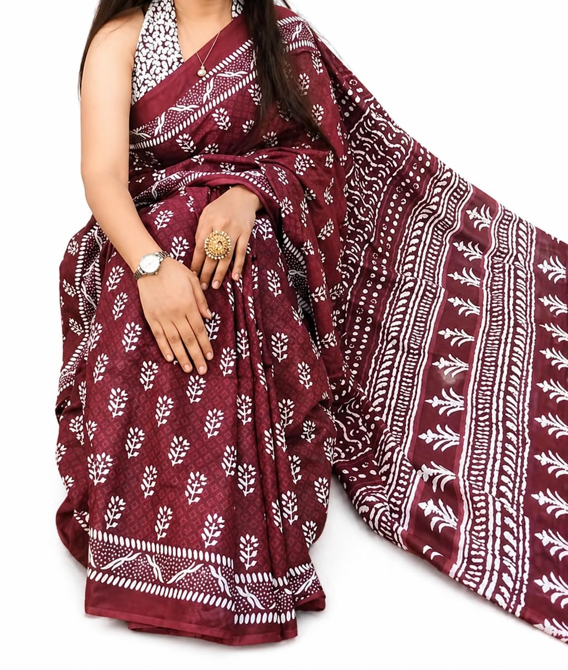 Women’s Ready to Wear Printed Saree with Unstitched Blouse Piece – Pure Cotton Lightweight Easy Draping Daily Wear Saree (Maroon)-picture-22
