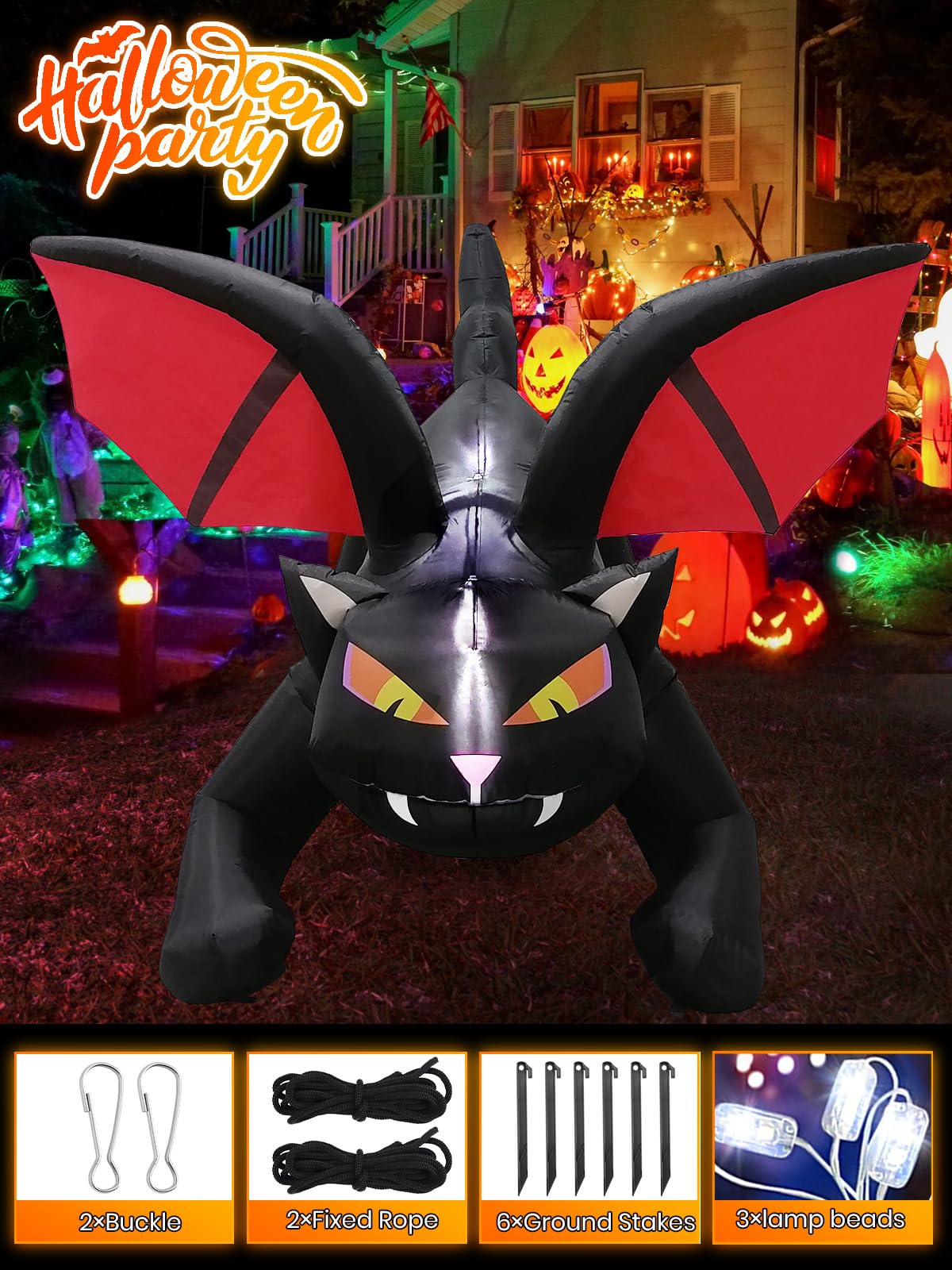 TOROKOM 6 Ft Halloween Inflatable Outdoor Decorations Halloween Blow up Inflatable Witch's Cat Bat with Build-in LEDs Light for Yard Outdoor Indoor Garden Lawn Decorations Halloween Party Decor