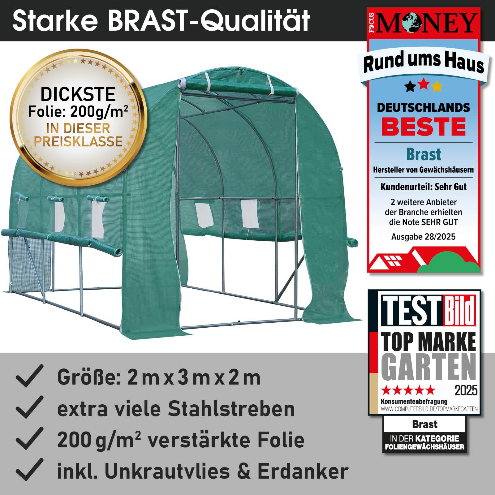 BRAST Gewächshaus Foliengewächshaus mit Stahlfundament | 2x3m - 3x8m | inkl. Erdanker Unkrautvlies & aufrollbare Seitenwände mit Moskitonetz | UV-stabilisierte Gitterschutzfolie 200g/m² | 200x300cm