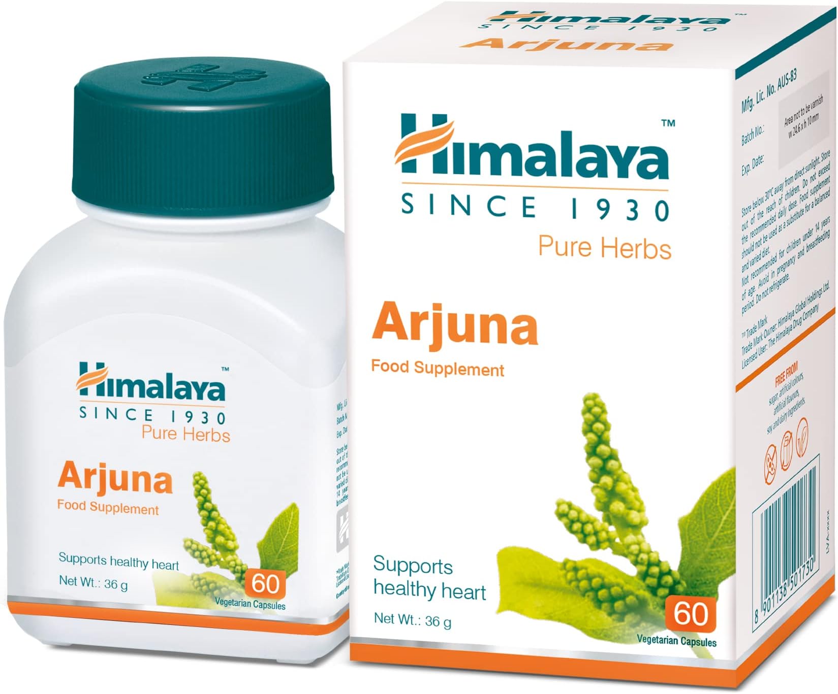 Himalaya Herbals Pure Herbs Arjuna Single Herb Food Supplement, Supports Healthy Blood Pressure Levels, Sustains Blood Circulation Within The Normal Rage, Antioxidants Rich - 60 Capsules