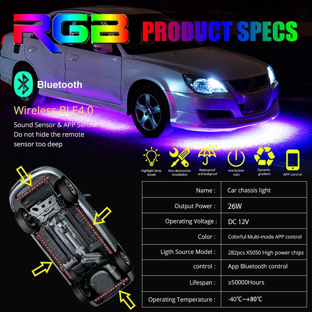 Car Underglow LED Light Kits,Bluetooth 4.0 RGB Color LED Strip Lights with App Control,Sync to Music 4 PCS(2x59 + 2x75 inch) Waterproof for All Cars.