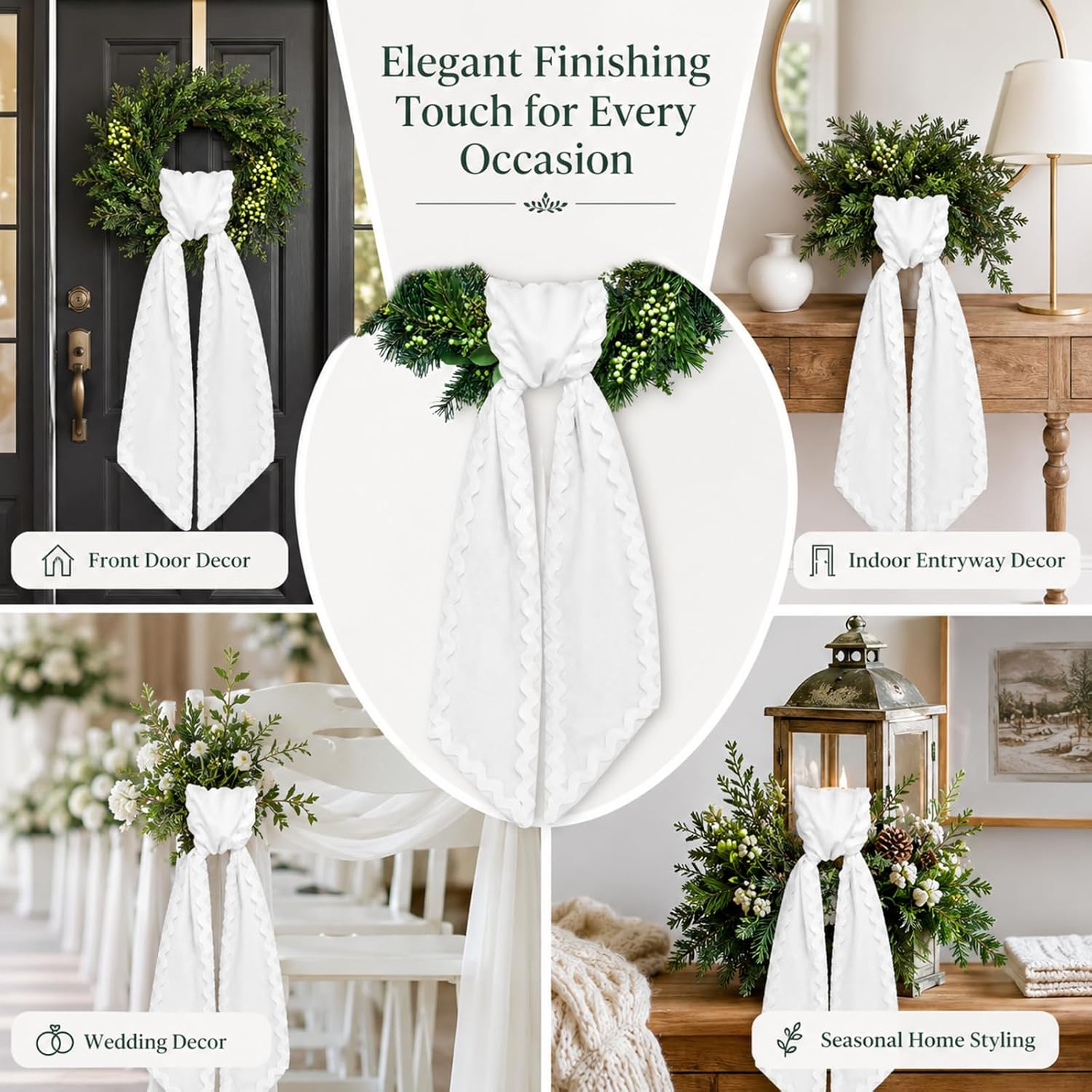 White Wreath Sash, 56 Inch Blank Wreath Scarf for Front Door with Wave Pattern, Wreath Sash for Door Decor