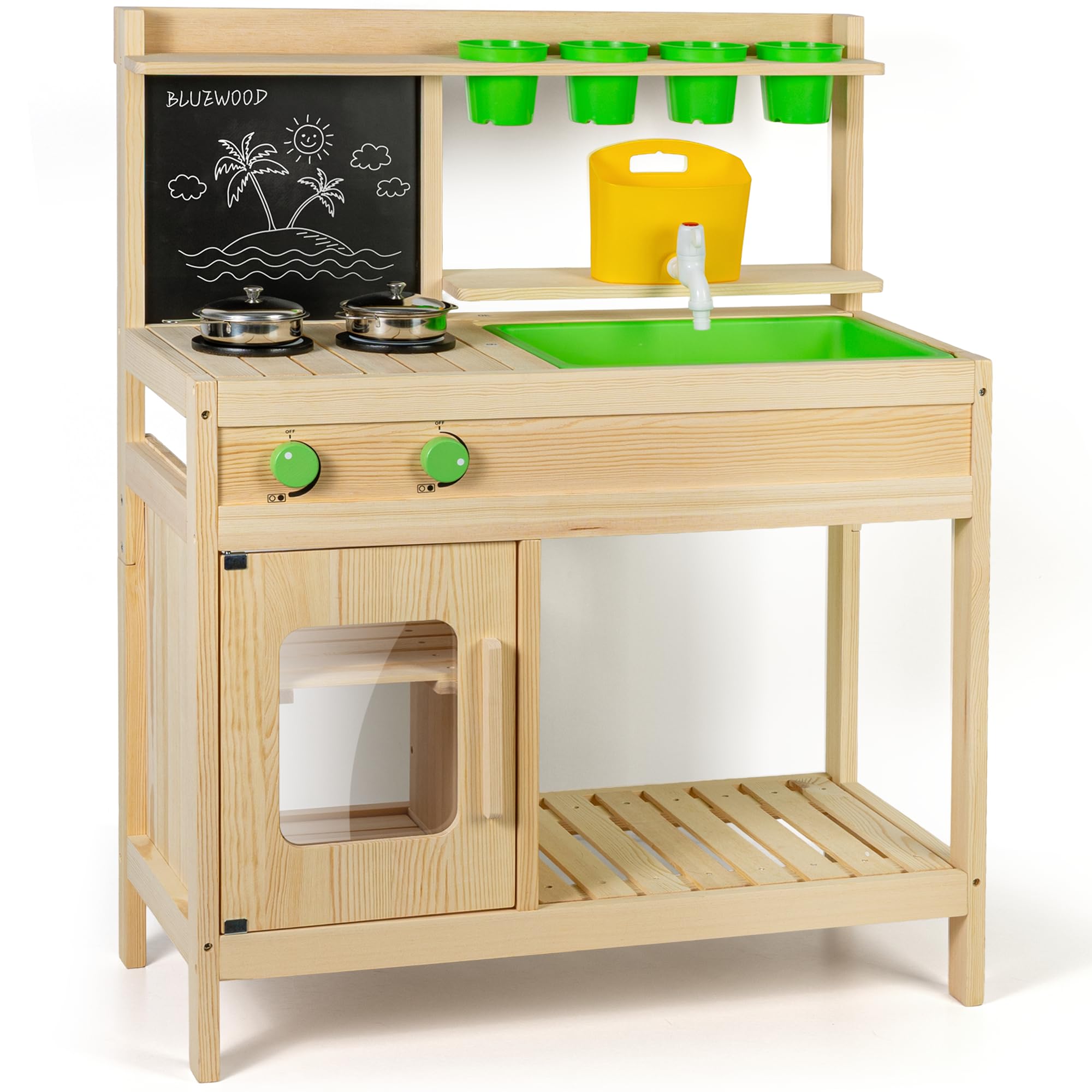 Cucina Giocattolo Montessori in Legno per Bambini | Cucina da Esterno BlueWood | Rubinetto Funzionante, Lavello Grande, Ripiani e Accessori | Gioco Educativo Sensoriale