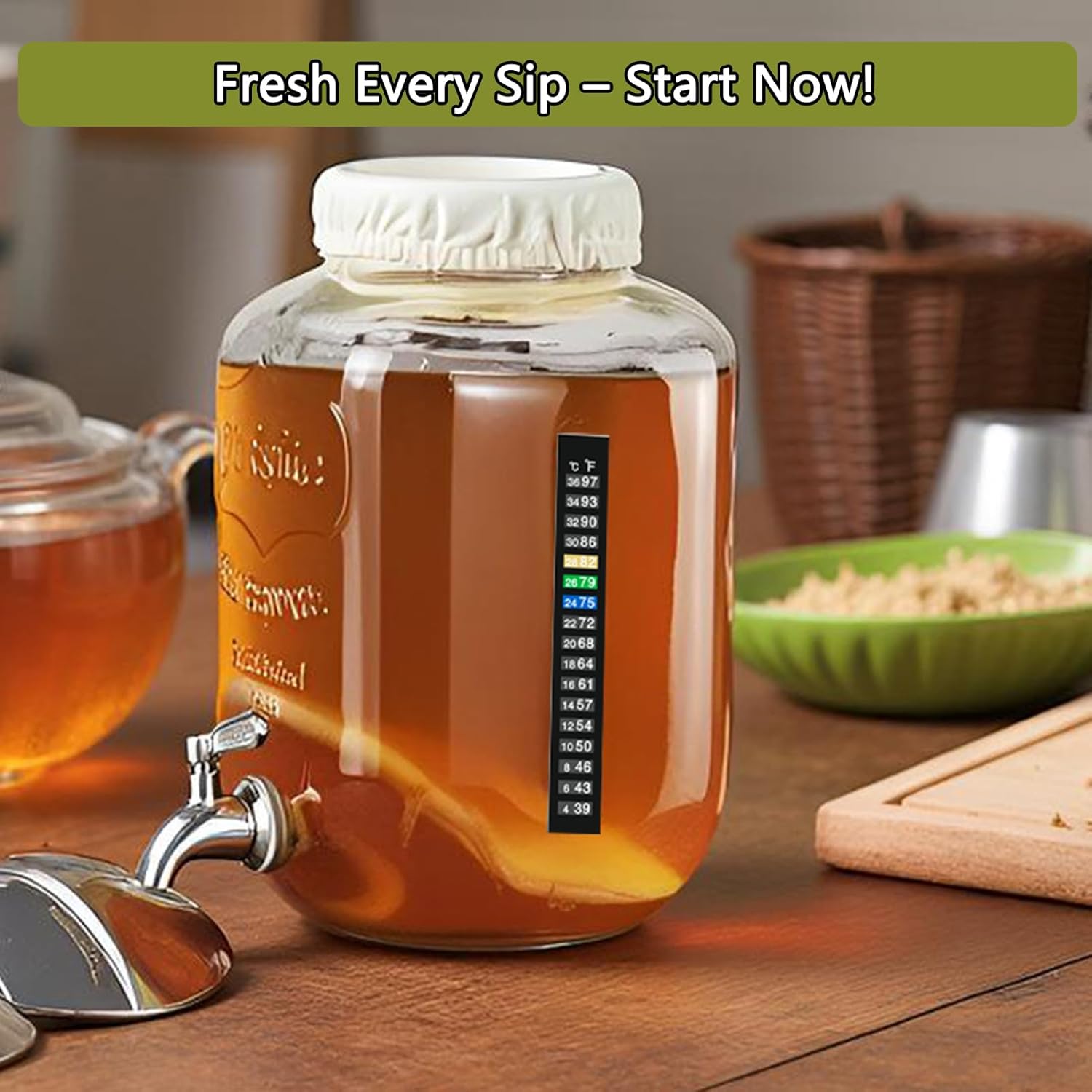 Kombucha & Jun Starter Kit - 1.3 Gallon Glass Jar With Stainless Steel Spigot Perfect for Continuous Brewing, pH Test Strips, Temperature Strip, Cloth Cover, Funnel with Filters