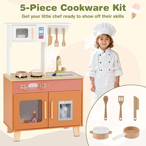 Miniatura 6 de HONEY JOY Play Kitchen, juego de cocina retro de juguete de madera con estufa, fregadero, grifo, microondas, máquina de hielo, utensilios de cocina